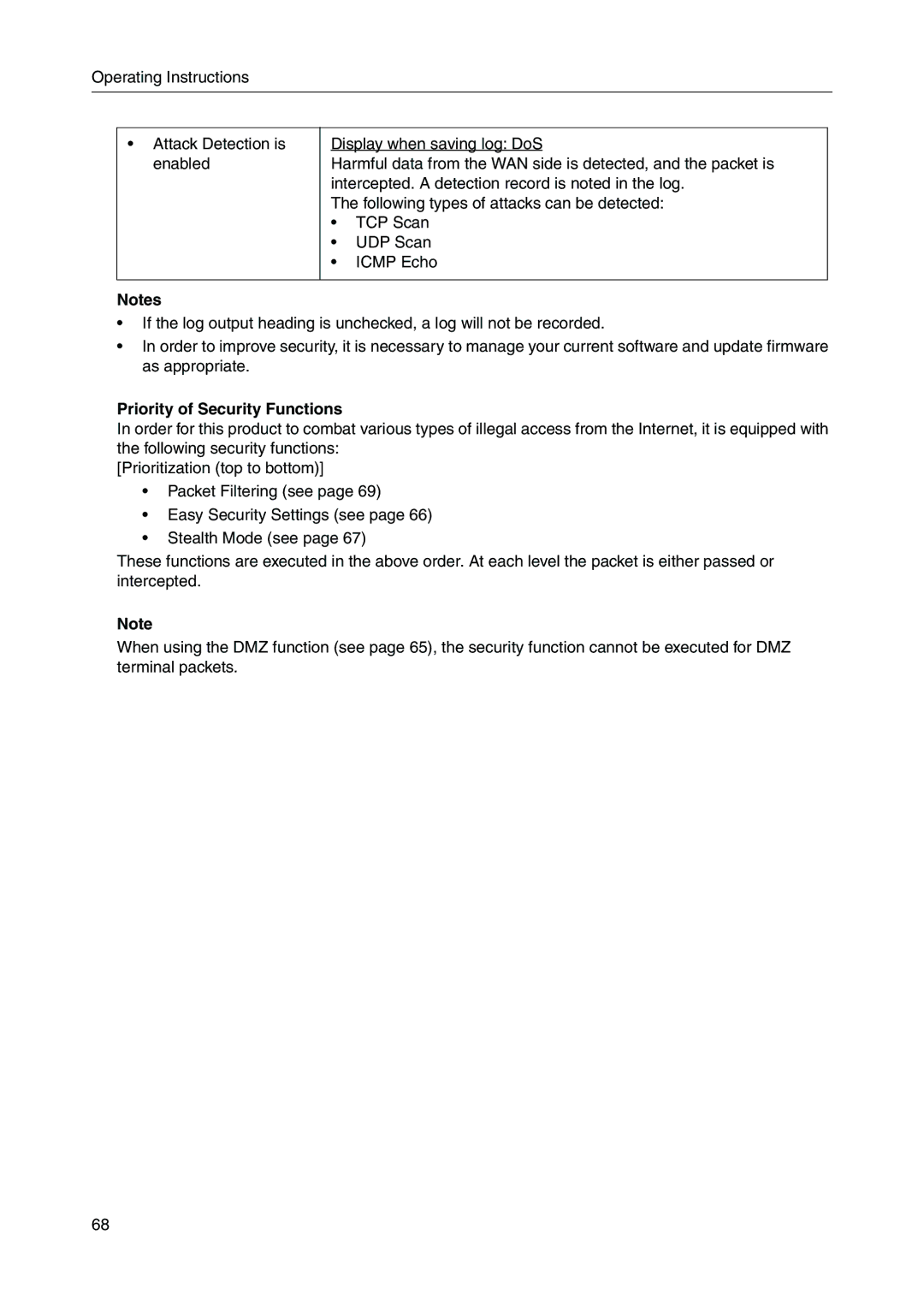 Panasonic BB-HGW700A manual Priority of Security Functions 