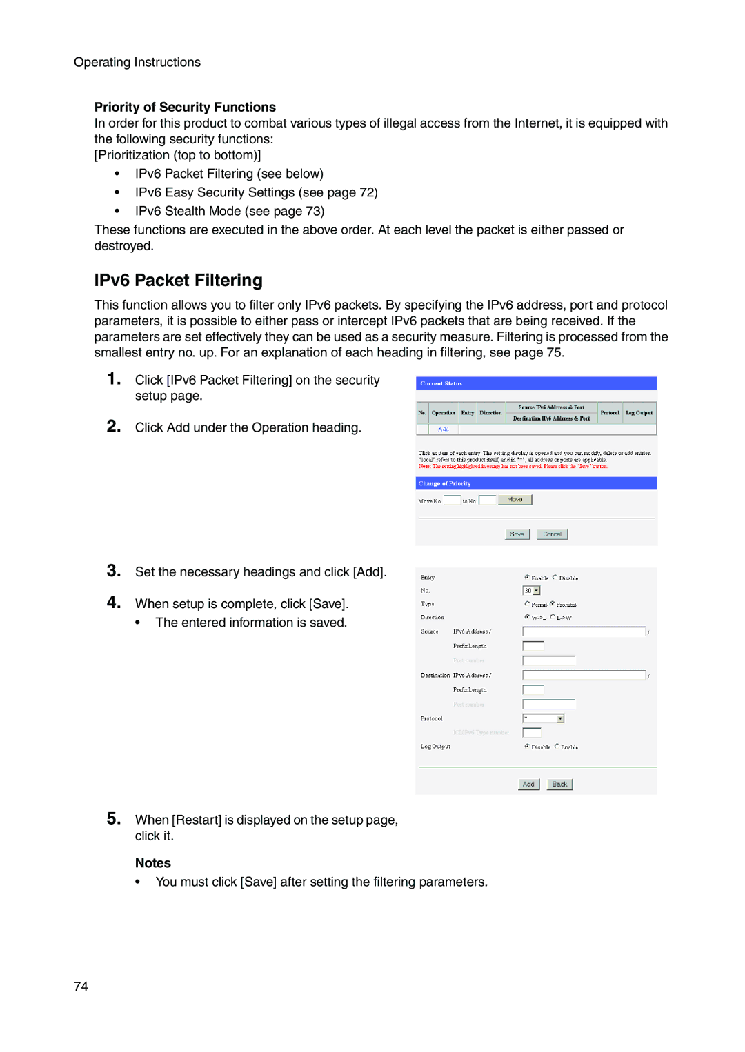 Panasonic BB-HGW700A manual IPv6 Packet Filtering, Priority of Security Functions 