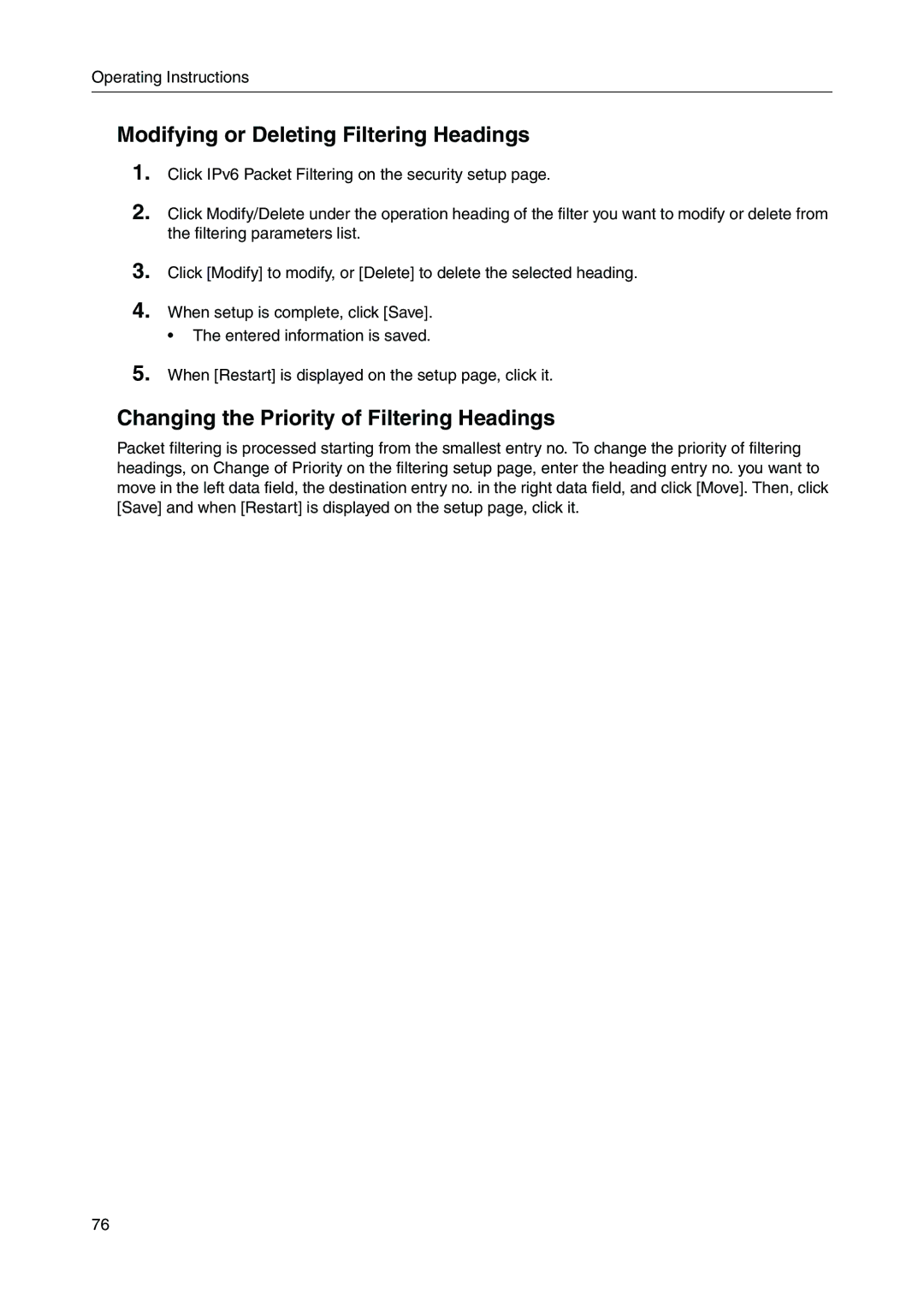 Panasonic BB-HGW700A manual Modifying or Deleting Filtering Headings 