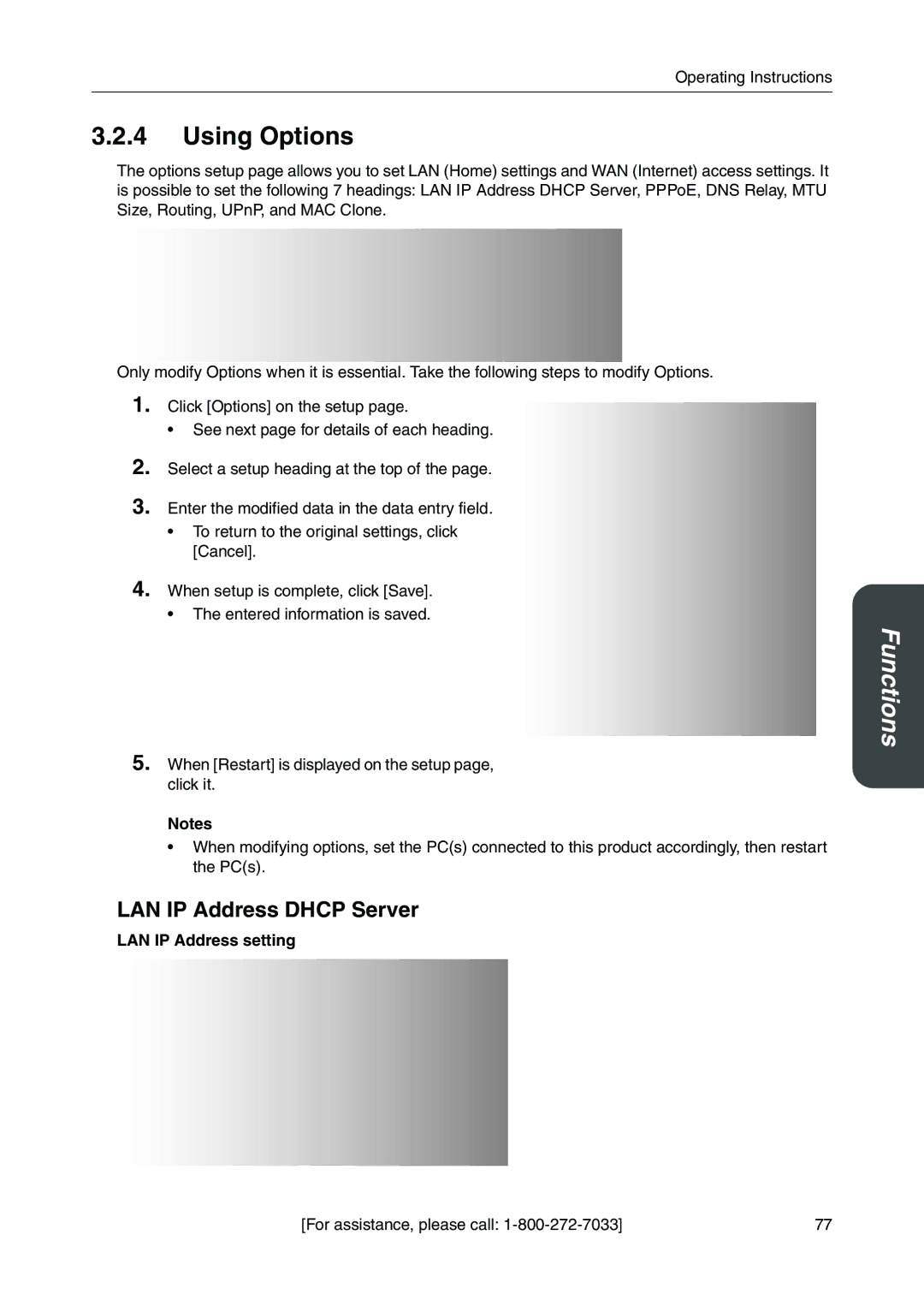 Panasonic BB-HGW700A manual Using Options, LAN IP Address Dhcp Server, LAN IP Address setting 