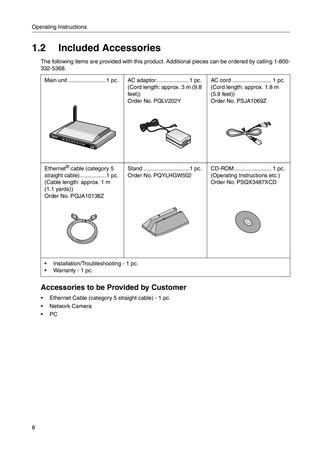 Panasonic BB-HGW700A manual Included Accessories, Accessories to be Provided by Customer 