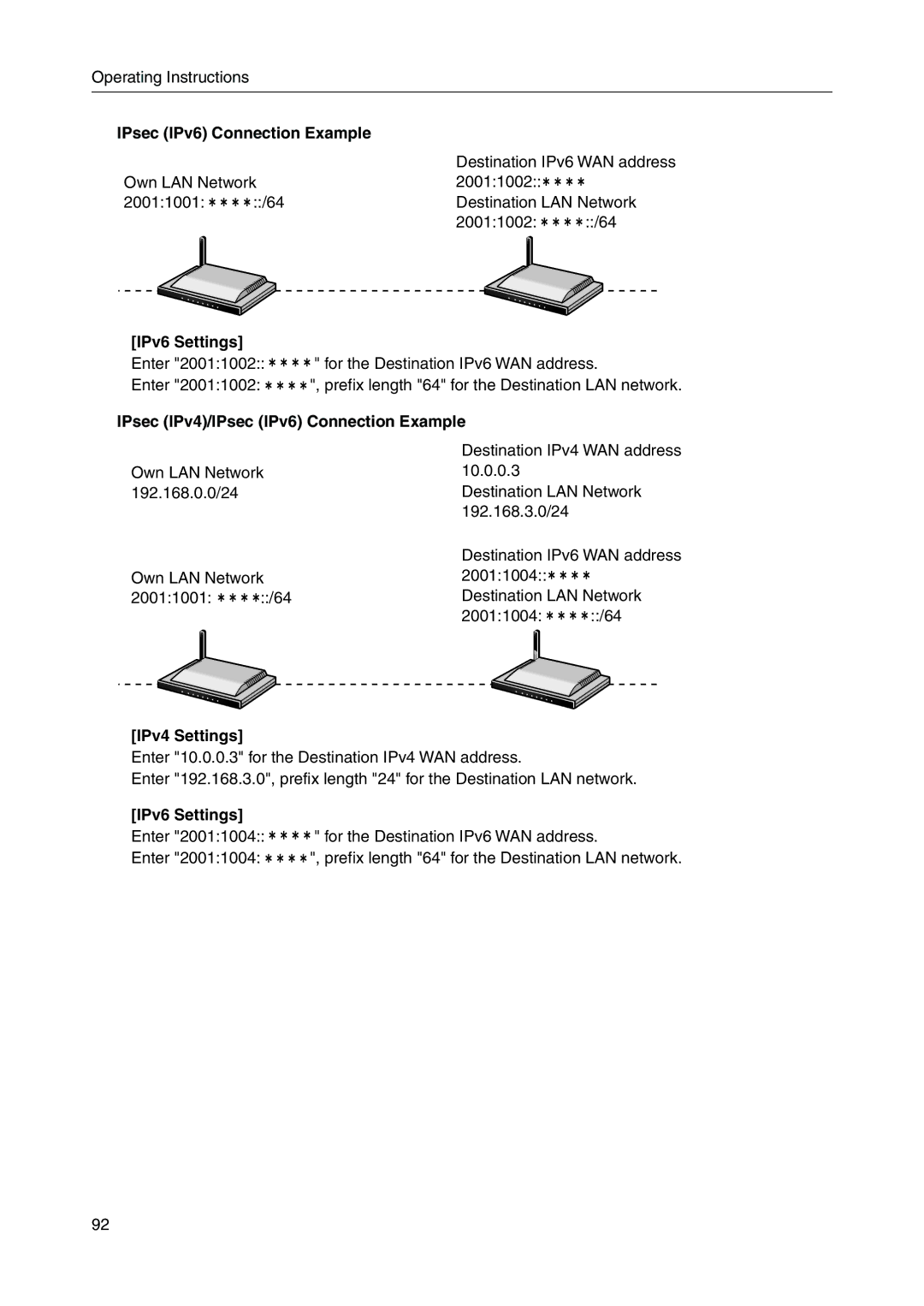 Panasonic BB-HGW700A manual IPv6 Settings, IPsec IPv4/IPsec IPv6 Connection Example 