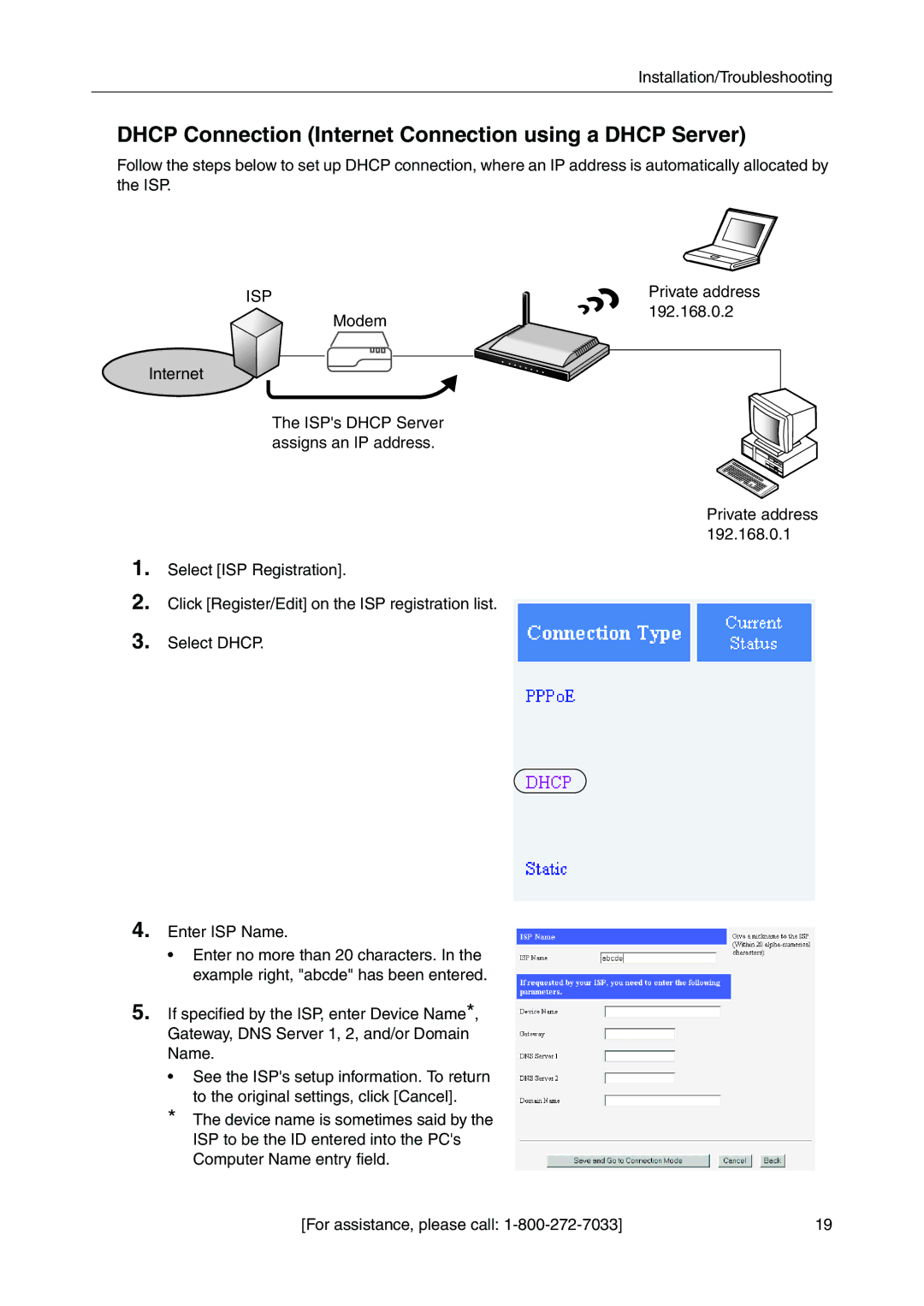 Panasonic BB-HGW700A important safety instructions Dhcp Connection Internet Connection using a Dhcp Server 