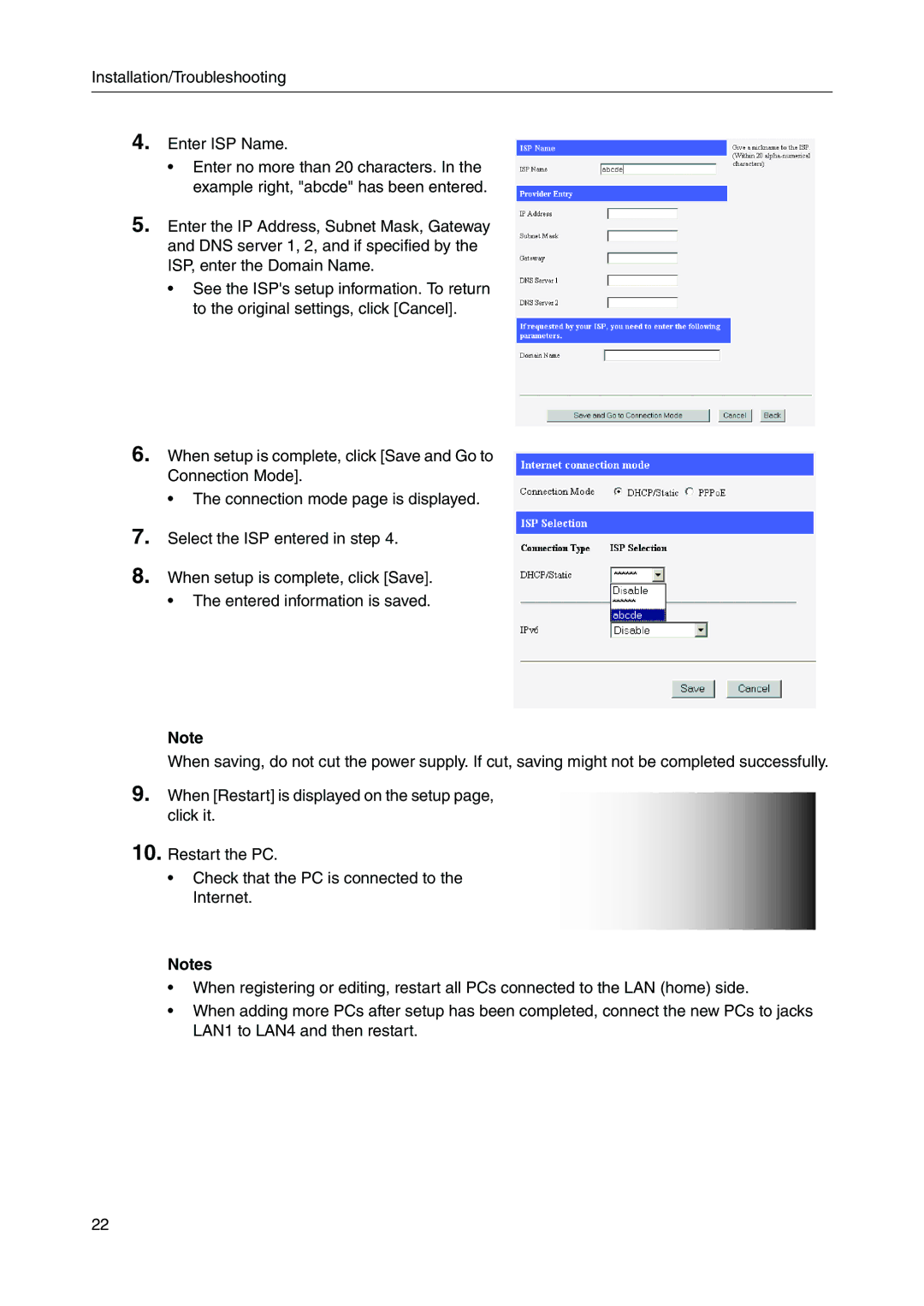 Panasonic BB-HGW700A important safety instructions Installation/Troubleshooting Enter ISP Name 