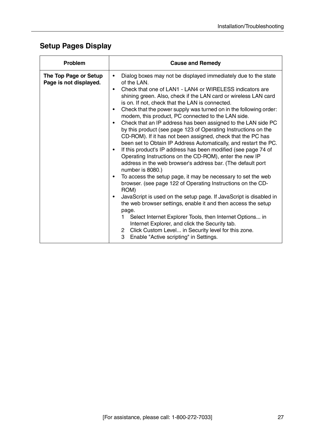 Panasonic BB-HGW700A Setup Pages Display, Problem Cause and Remedy Top Page or Setup, Is not displayed 