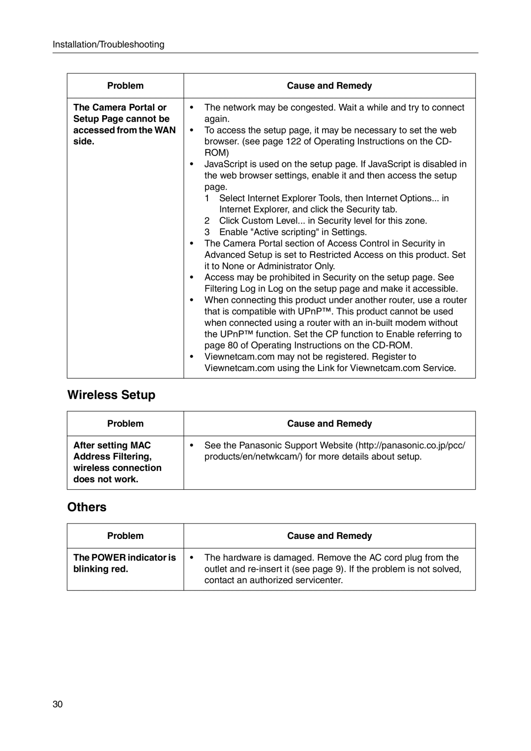 Panasonic BB-HGW700A Wireless Setup, Others, Setup Page cannot be, Accessed from the WAN, Side 