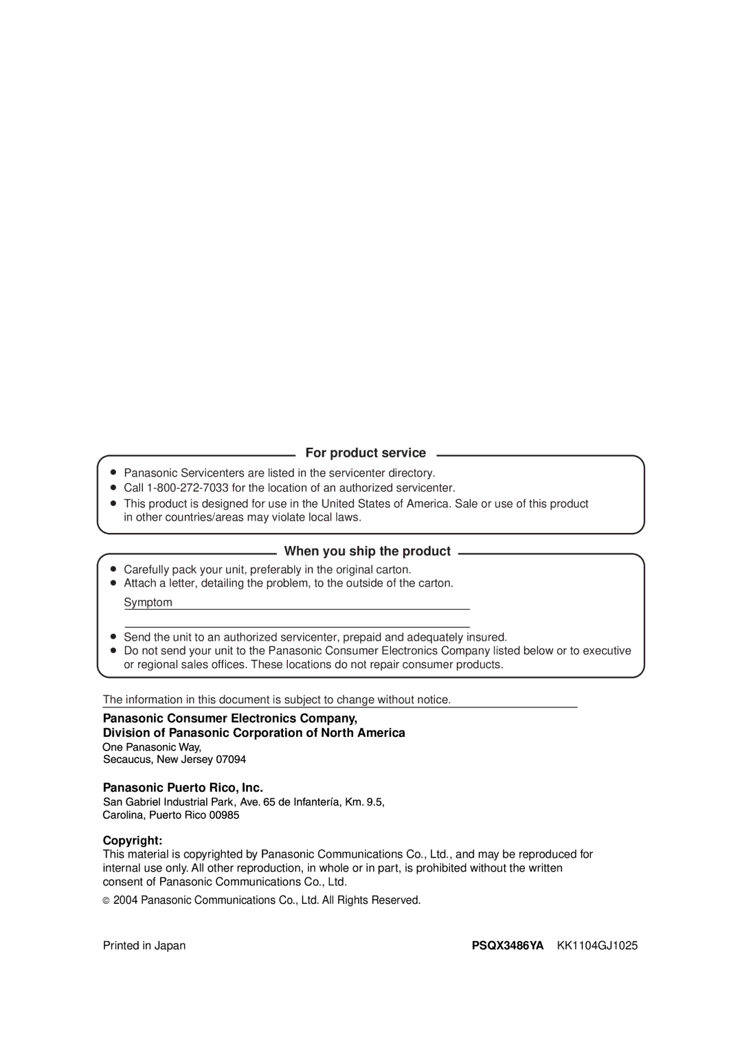 Panasonic BB-HGW700A important safety instructions For product service 