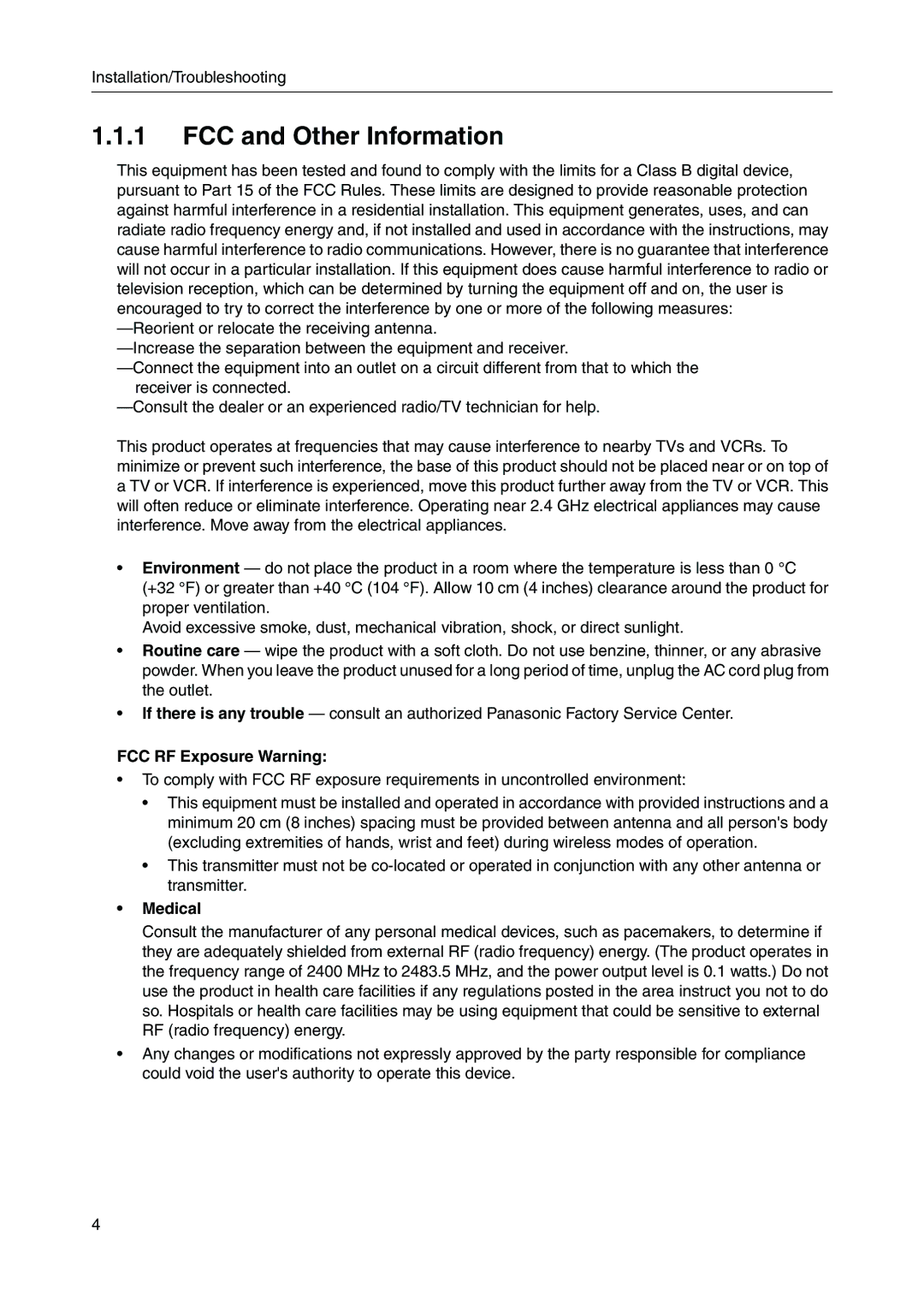 Panasonic BB-HGW700A important safety instructions FCC RF Exposure Warning, Medical 