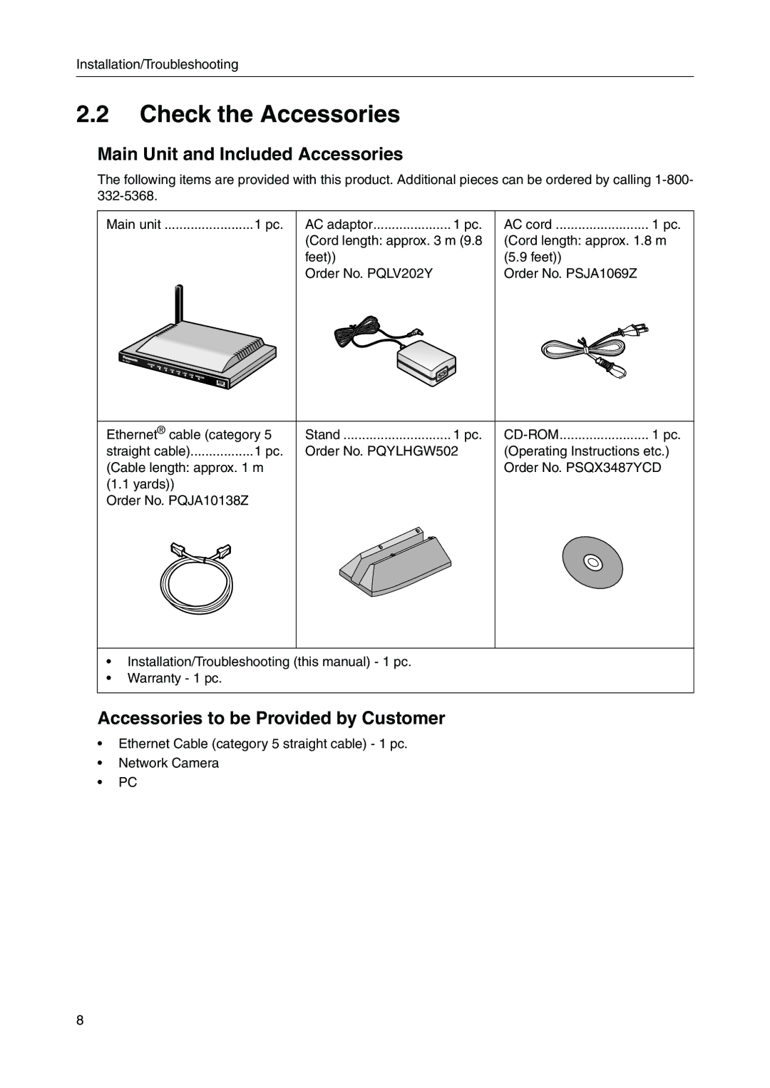 Panasonic BB-HGW700A Check the Accessories, Main Unit and Included Accessories, Accessories to be Provided by Customer 