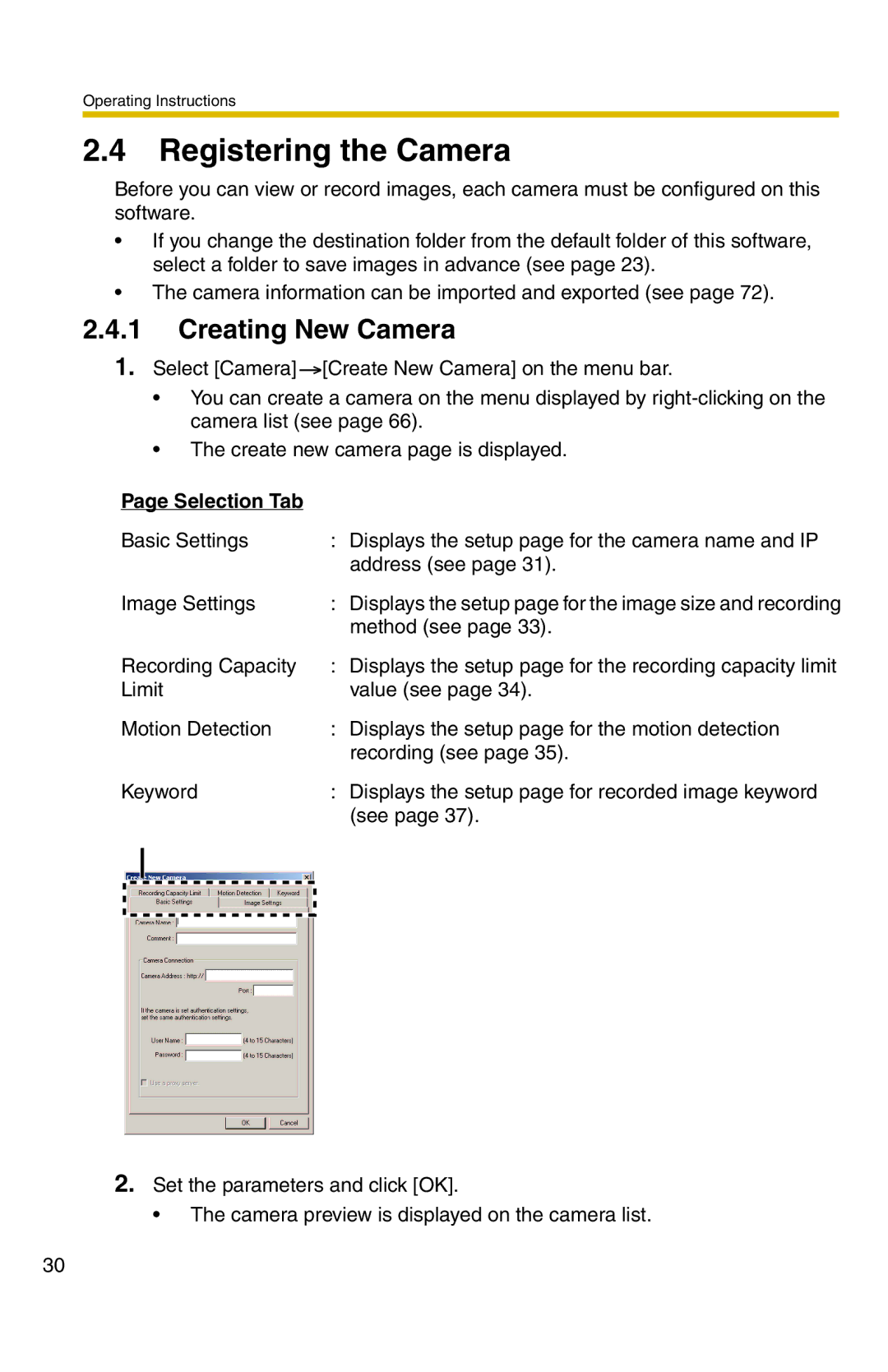 Panasonic BB-HNP11A operating instructions Registering the Camera, Creating New Camera, Selection Tab 