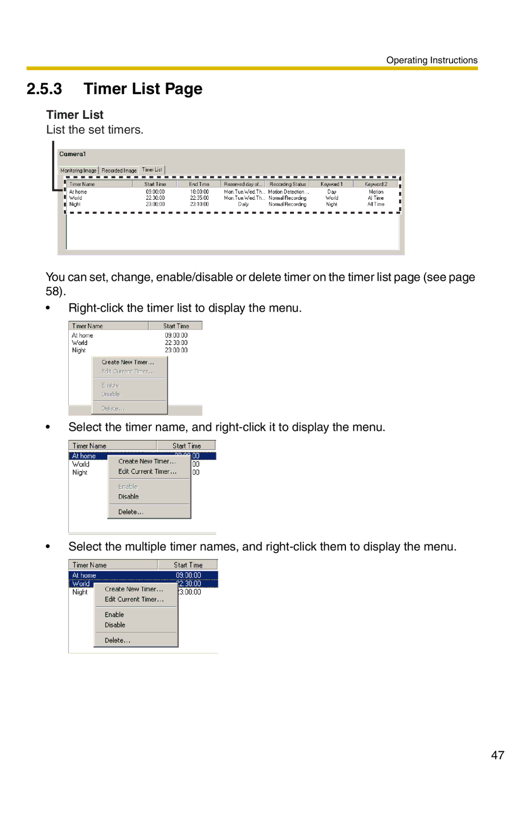 Panasonic BB-HNP11A operating instructions Timer List 