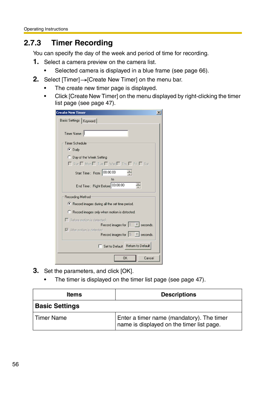 Panasonic BB-HNP11A operating instructions Timer Recording, Basic Settings, Items Descriptions 