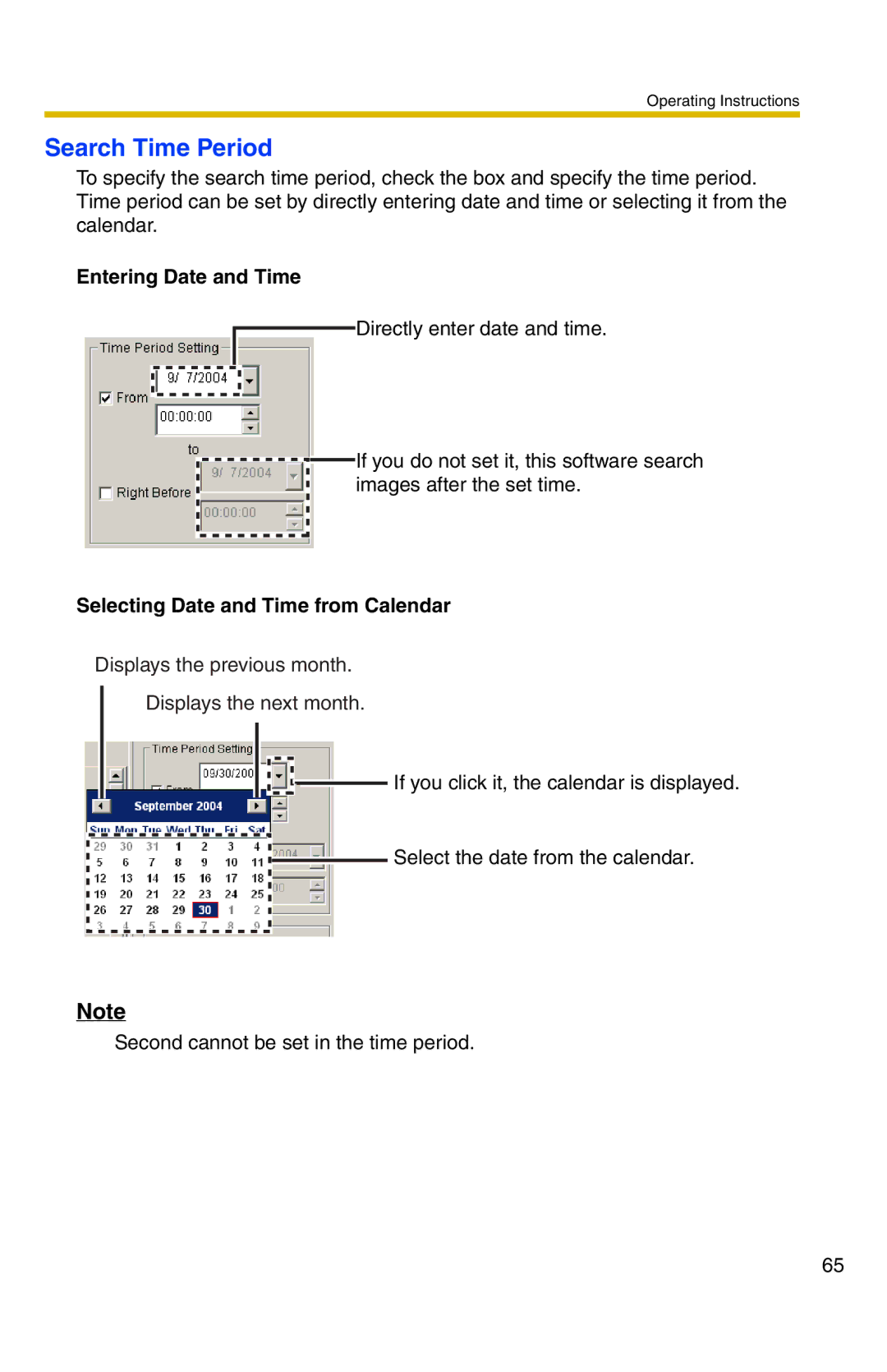 Panasonic BB-HNP11A Search Time Period, Entering Date and Time, Selecting Date and Time from Calendar 