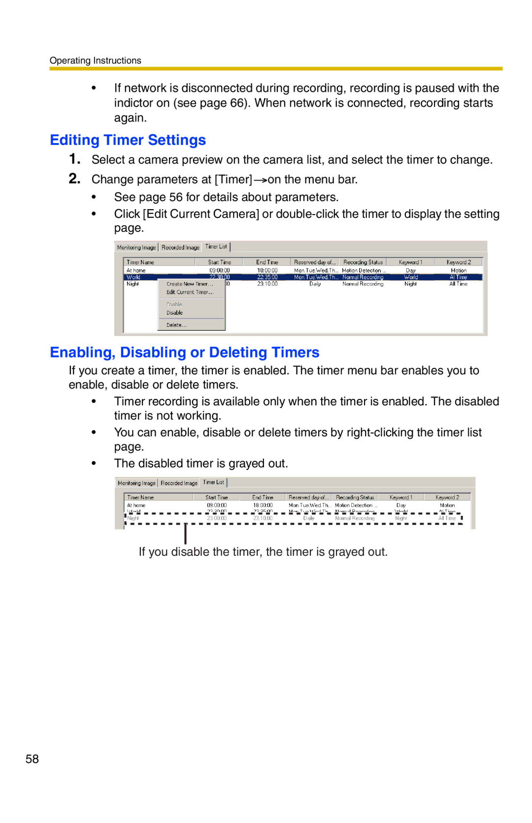 Panasonic BB-HNP11A operating instructions Editing Timer Settings, Enabling, Disabling or Deleting Timers 