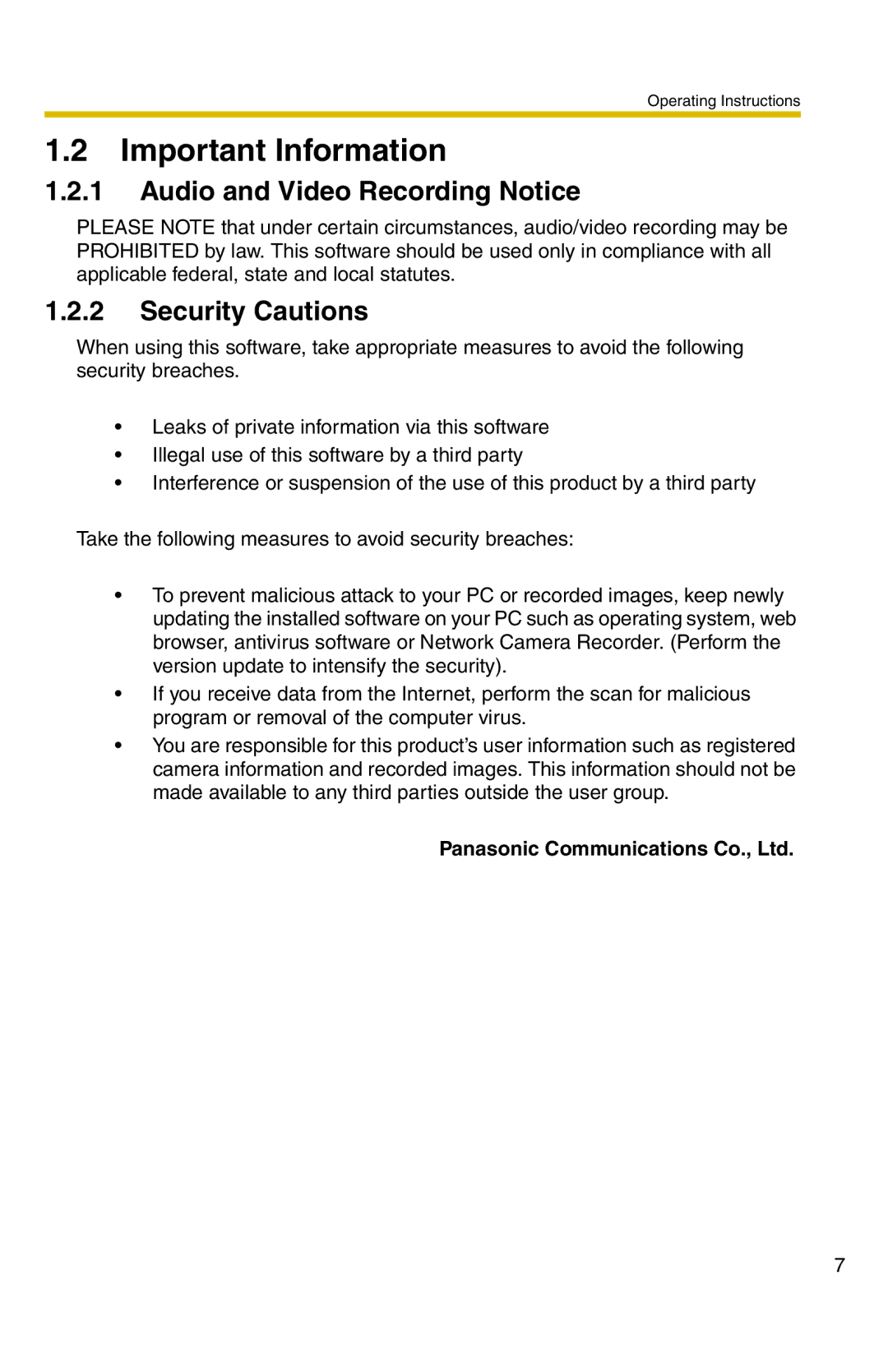 Panasonic BB-HNP11A operating instructions Important Information, Audio and Video Recording Notice, Security Cautions 