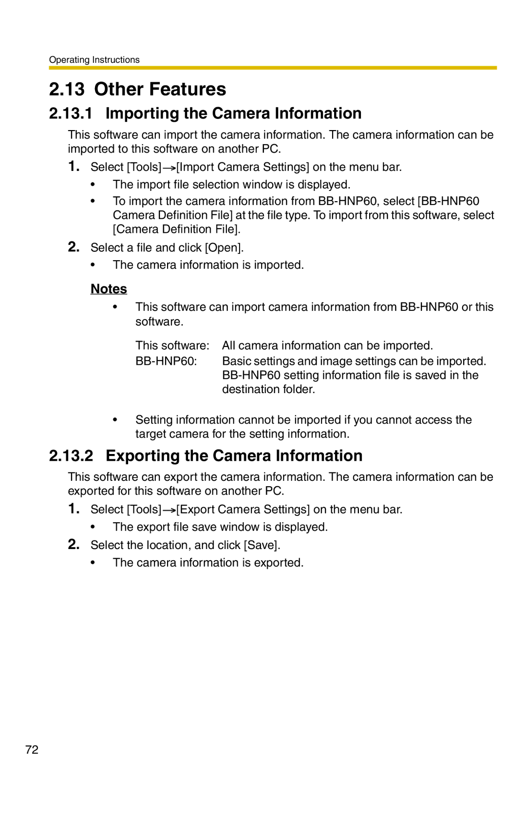 Panasonic BB-HNP11A Other Features, Importing the Camera Information, Exporting the Camera Information 