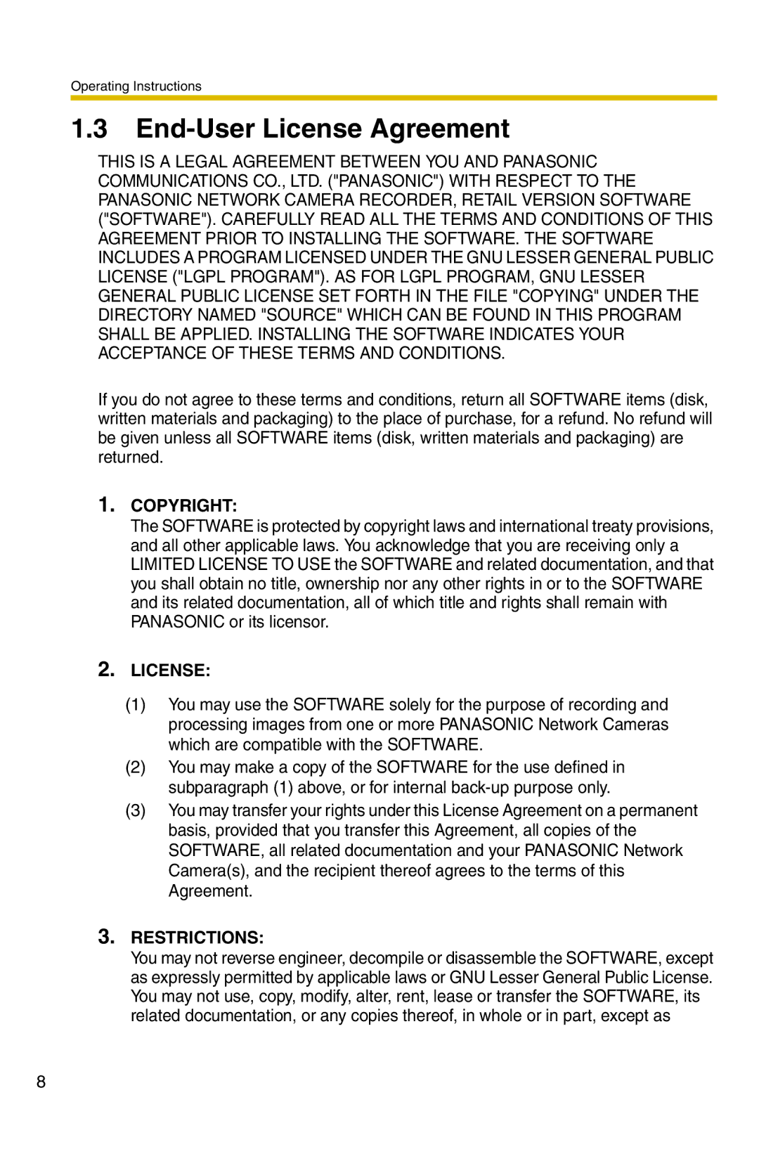 Panasonic BB-HNP11A operating instructions End-User License Agreement, Copyright 