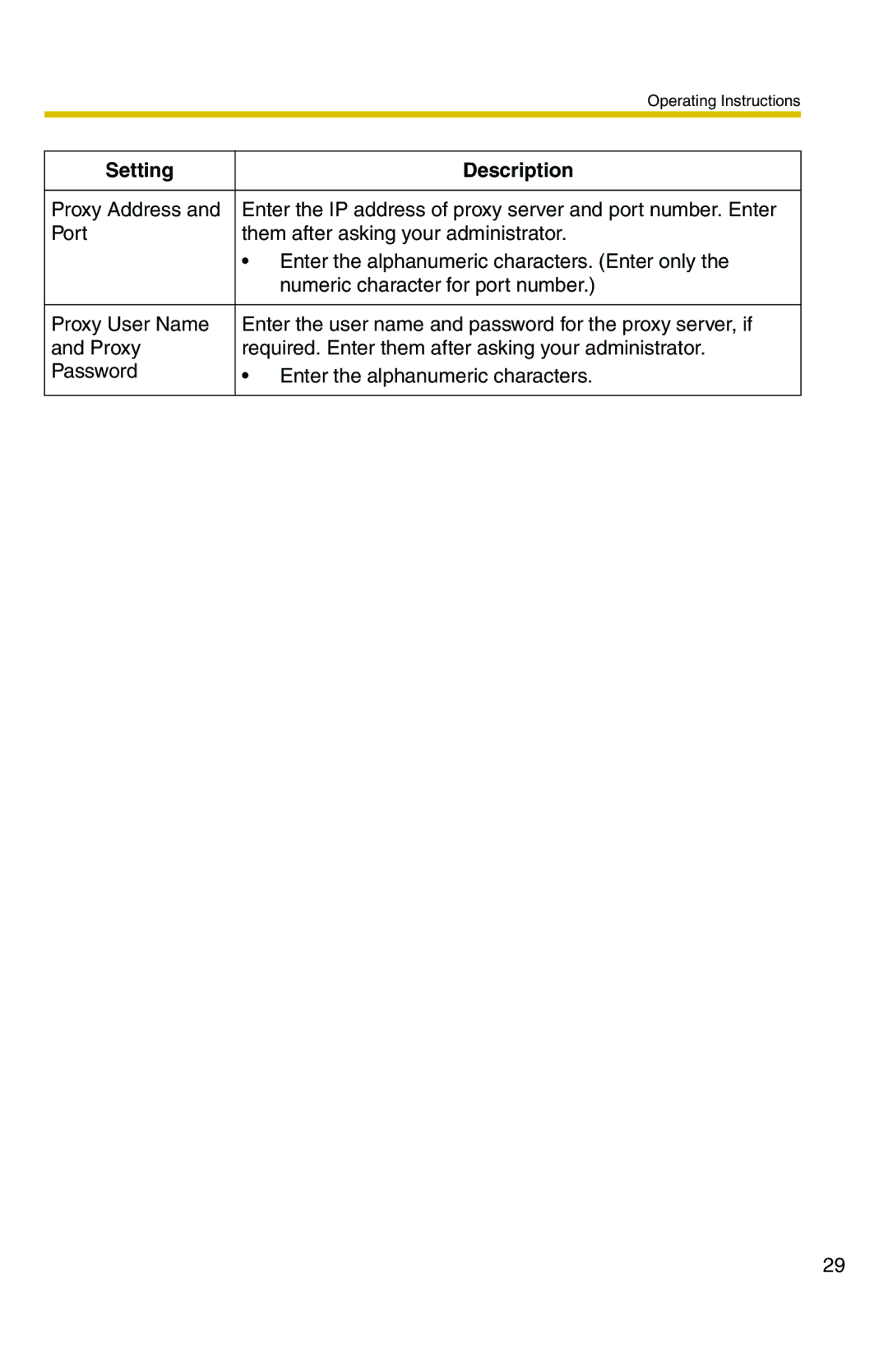 Panasonic BB-HNP11CE operating instructions Setting Description 