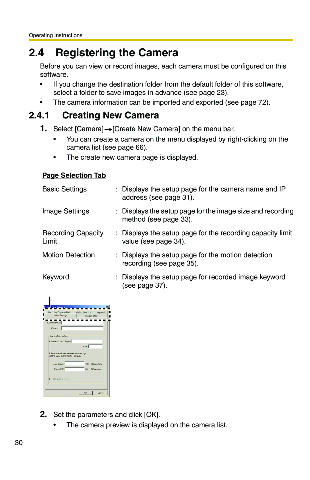 Panasonic BB-HNP11CE operating instructions Registering the Camera, Creating New Camera, Selection Tab 