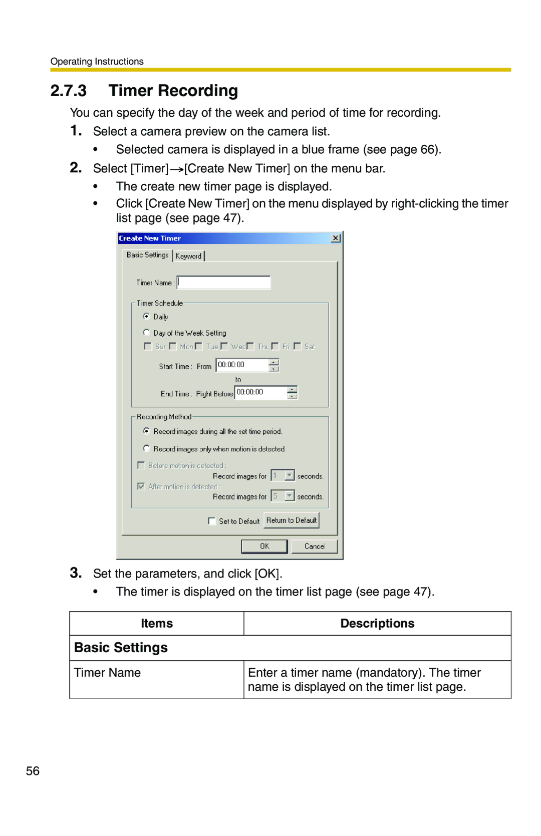 Panasonic BB-HNP11CE operating instructions Timer Recording, Basic Settings, Items Descriptions 