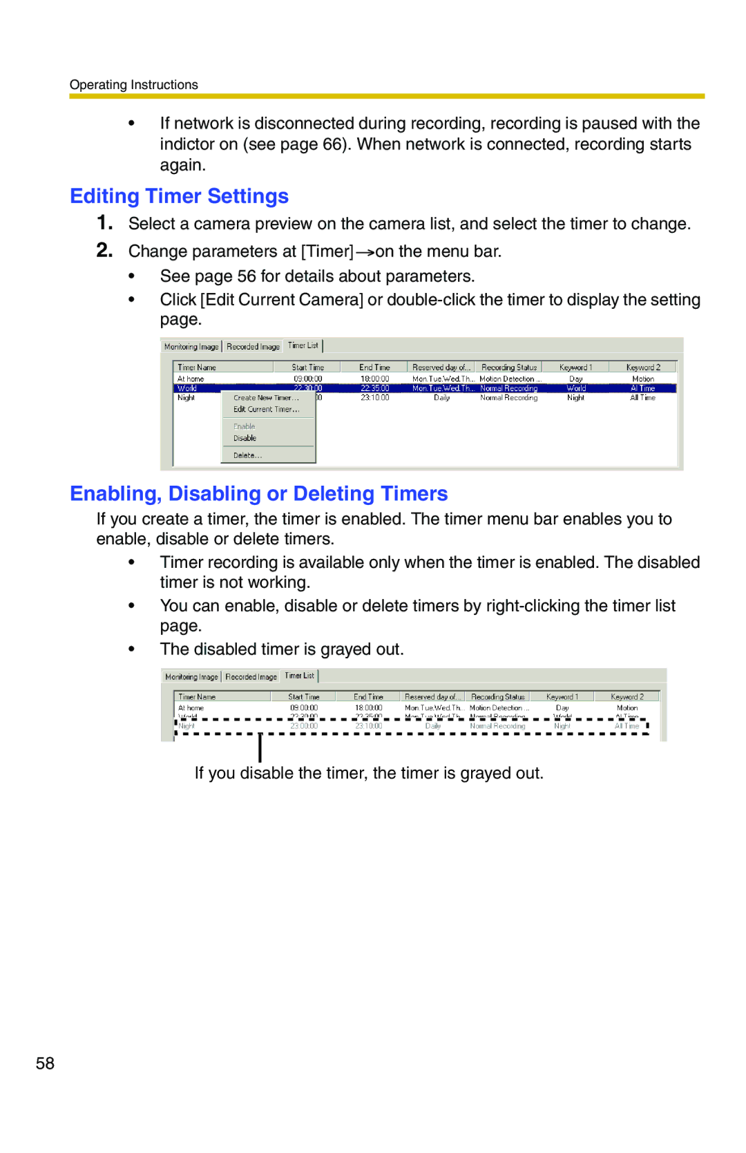 Panasonic BB-HNP11CE operating instructions Editing Timer Settings, Enabling, Disabling or Deleting Timers 