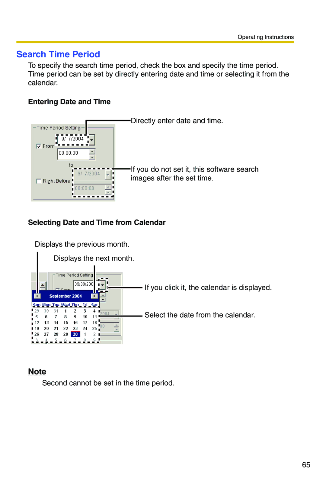 Panasonic BB-HNP11CE Search Time Period, Entering Date and Time, Selecting Date and Time from Calendar 