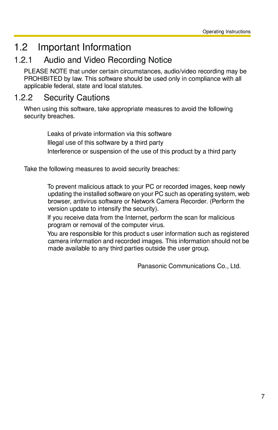 Panasonic BB-HNP11CE operating instructions Important Information, Audio and Video Recording Notice, Security Cautions 