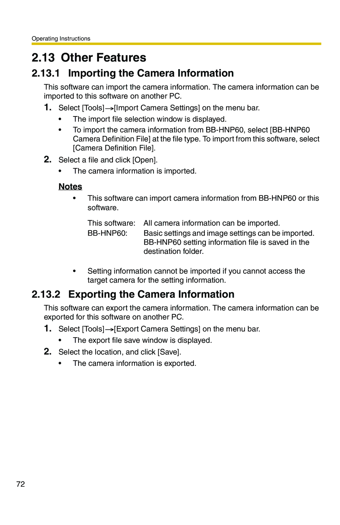 Panasonic BB-HNP11CE Other Features, Importing the Camera Information, Exporting the Camera Information 