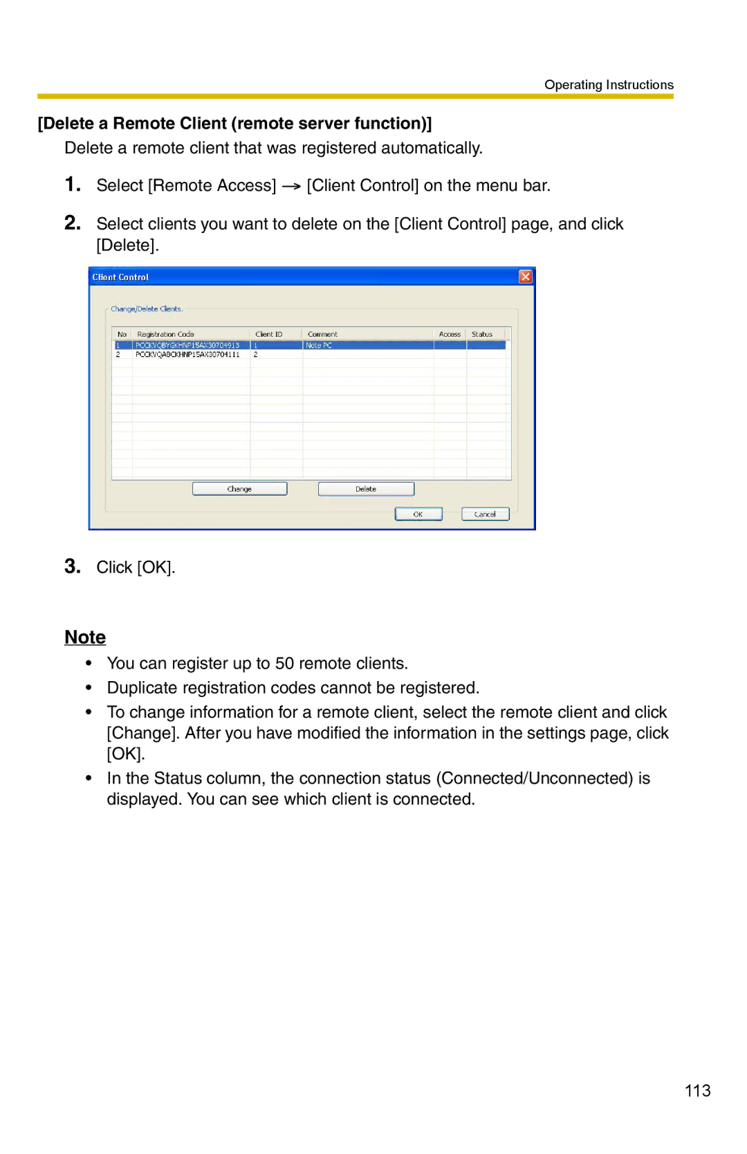 Panasonic BB-HNP15 operating instructions Delete a Remote Client remote server function 