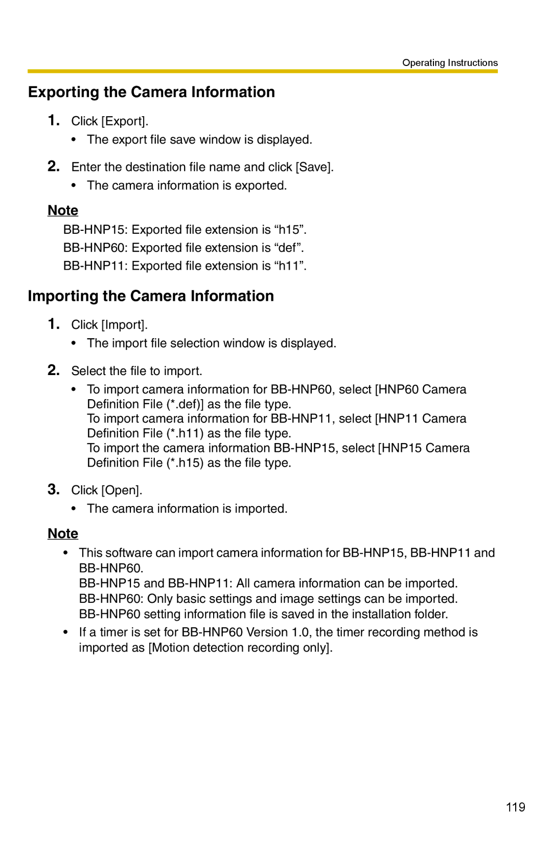 Panasonic BB-HNP15 operating instructions Exporting the Camera Information, Importing the Camera Information 