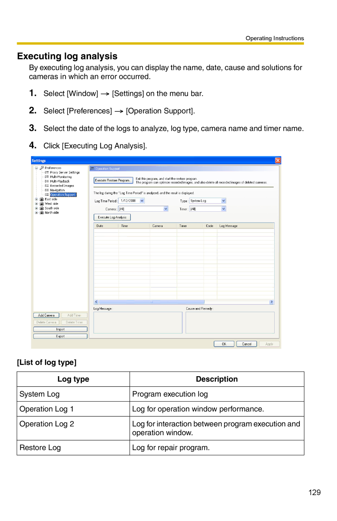 Panasonic BB-HNP15 operating instructions Executing log analysis, List of log type Log type Description 