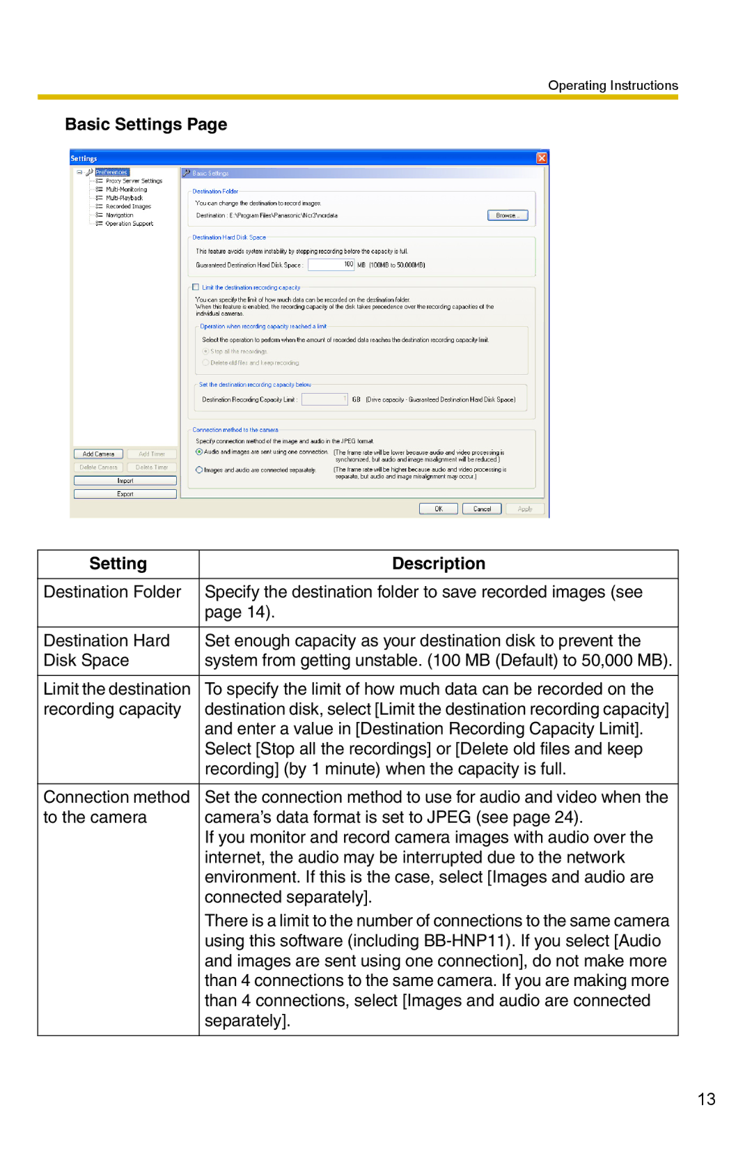 Panasonic BB-HNP15 operating instructions Basic Settings Description 