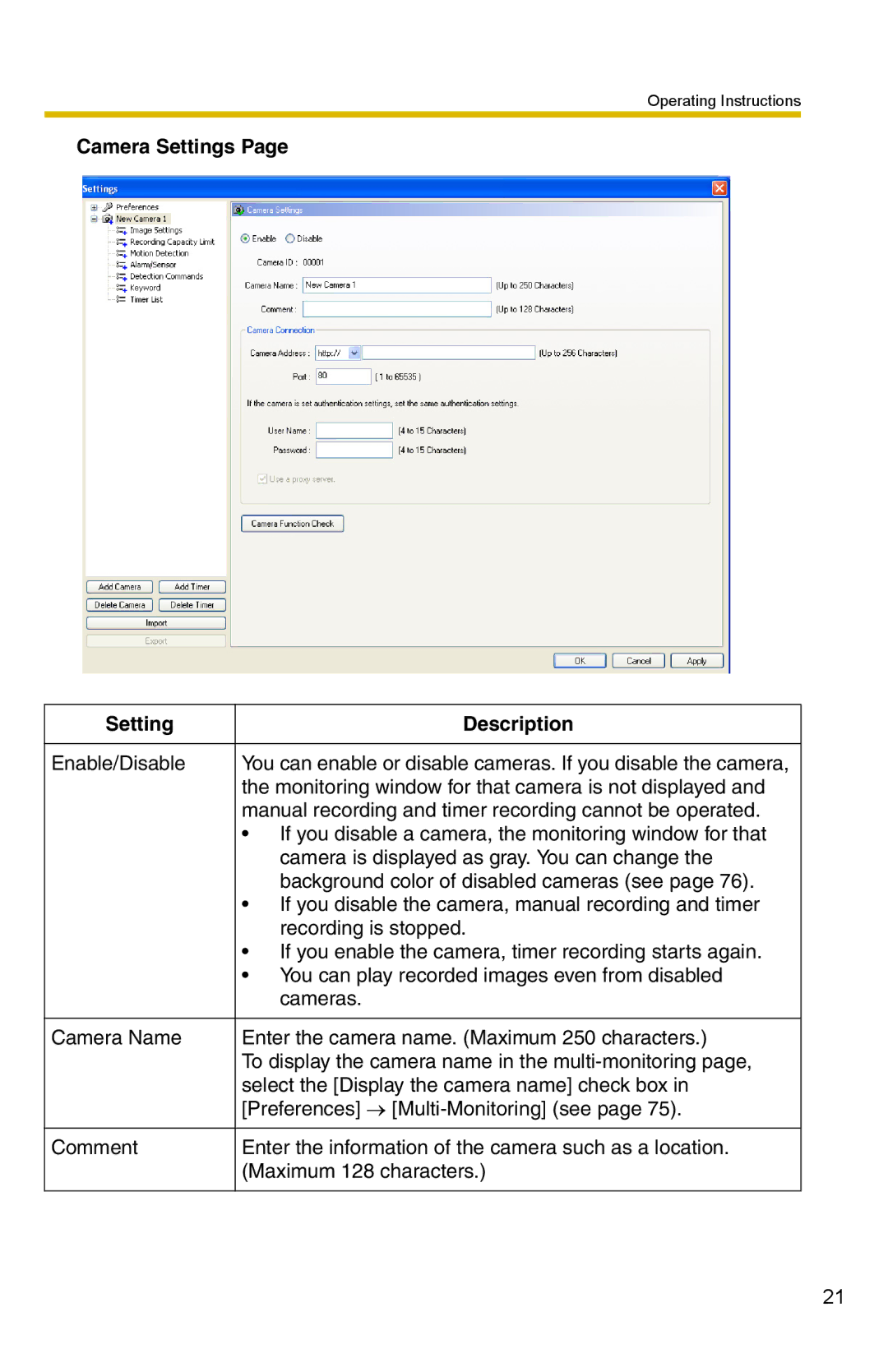 Panasonic BB-HNP15 operating instructions Camera Settings Description 