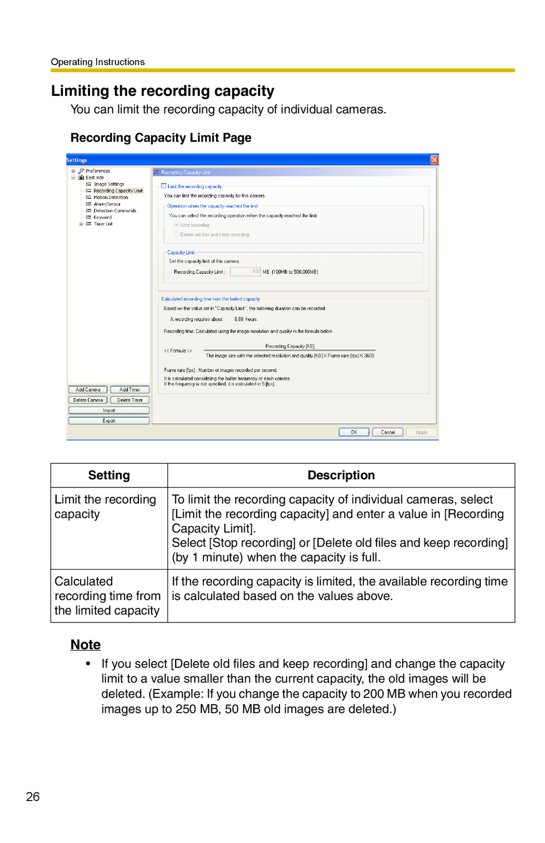 Panasonic BB-HNP15 operating instructions Limiting the recording capacity, Recording Capacity Limit Setting Description 