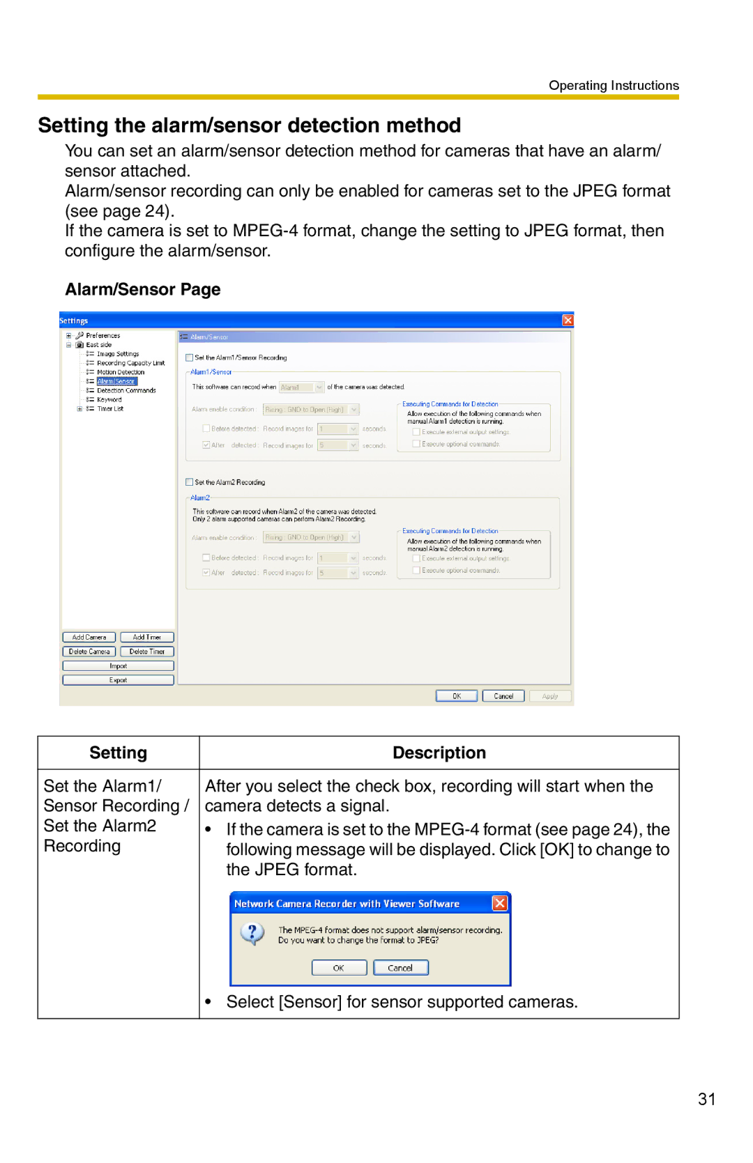 Panasonic BB-HNP15 operating instructions Setting the alarm/sensor detection method, Alarm/Sensor Setting Description 