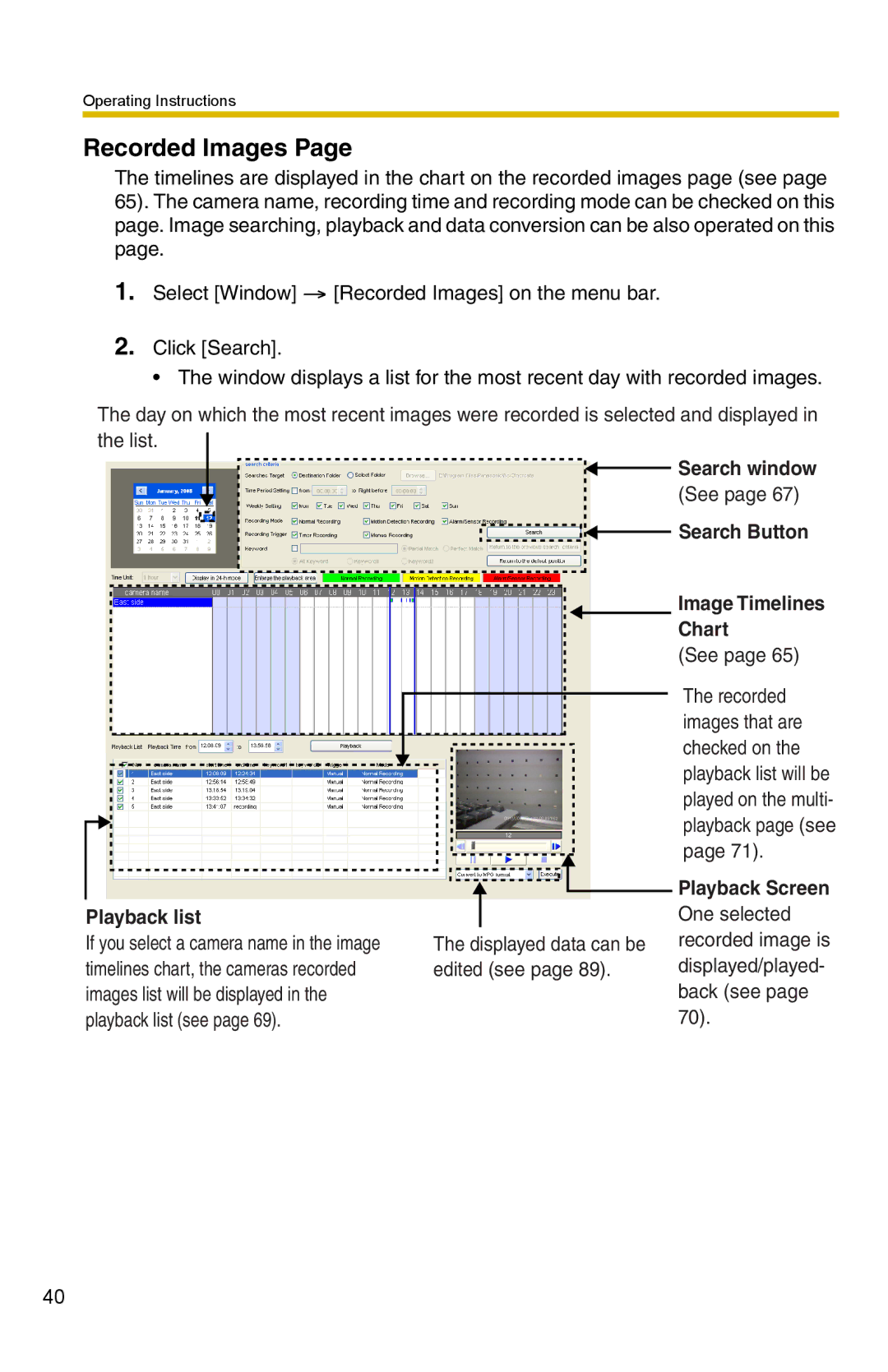 Panasonic BB-HNP15 Recorded Images, Search window, Search Button Image Timelines Chart, Playback list 