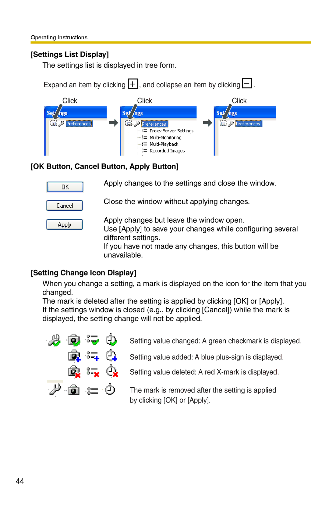 Panasonic BB-HNP15 Settings List Display, OK Button, Cancel Button, Apply Button, Setting Change Icon Display 