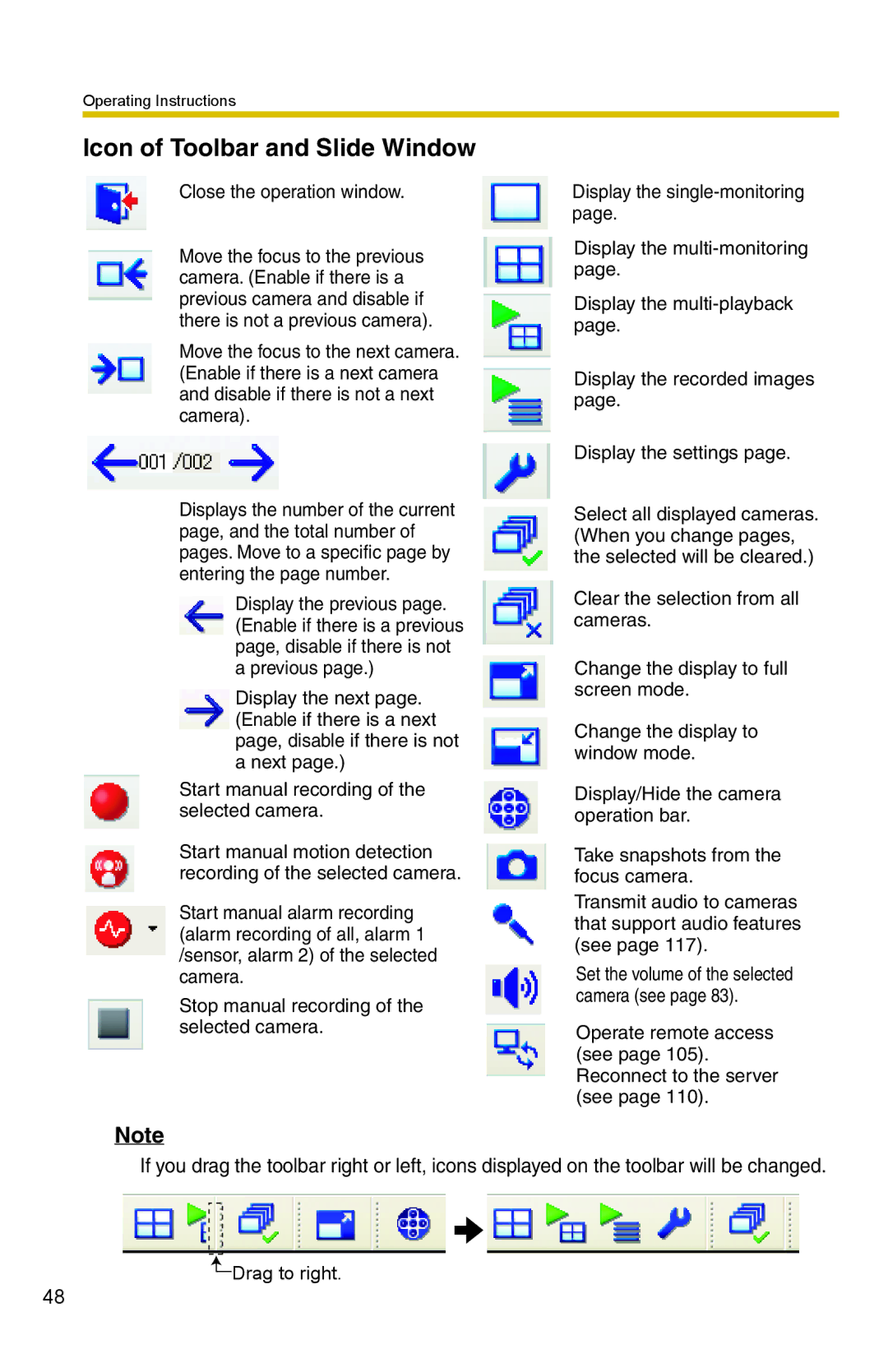 Panasonic BB-HNP15 operating instructions Icon of Toolbar and Slide Window 