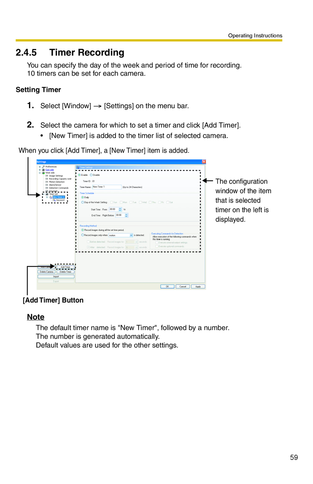 Panasonic BB-HNP15 operating instructions Timer Recording, Setting Timer, Add Timer Button 