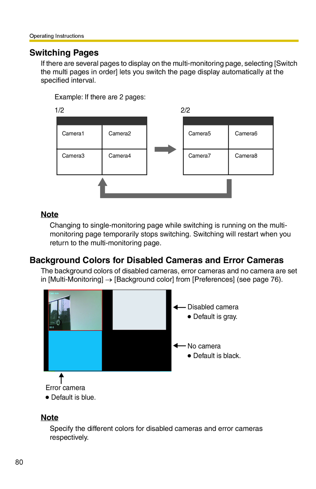 Panasonic BB-HNP15 operating instructions Switching Pages, Background Colors for Disabled Cameras and Error Cameras 