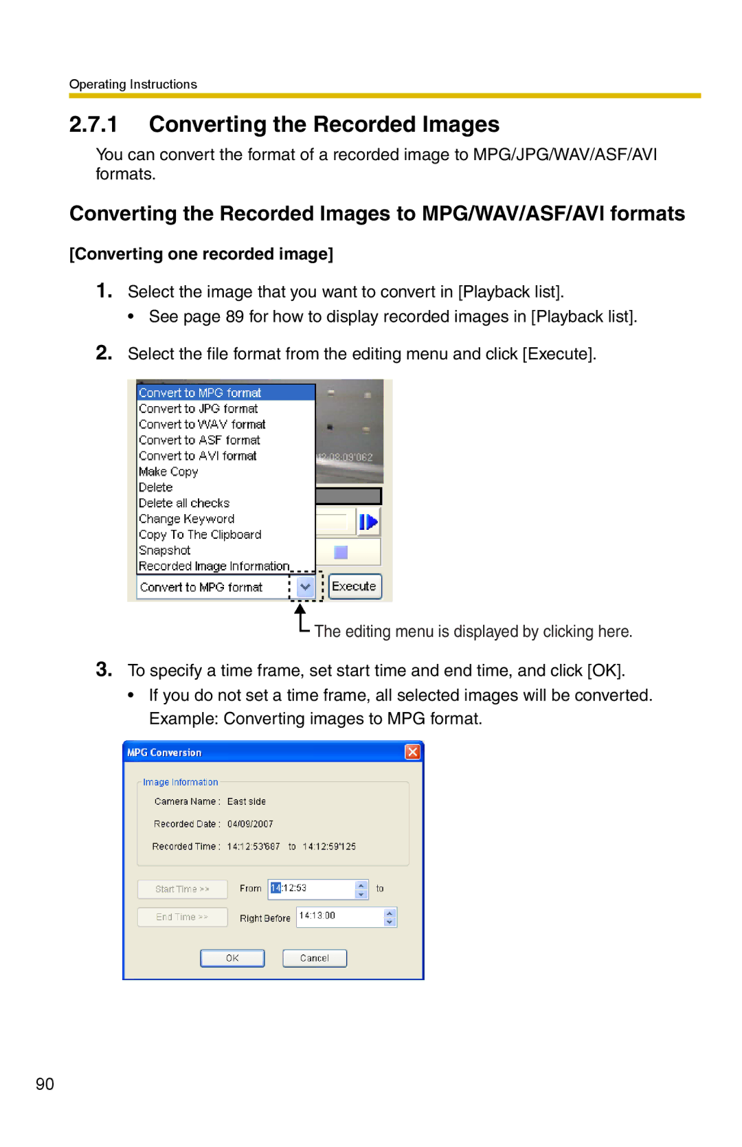 Panasonic BB-HNP15 Converting the Recorded Images to MPG/WAV/ASF/AVI formats, Converting one recorded image 