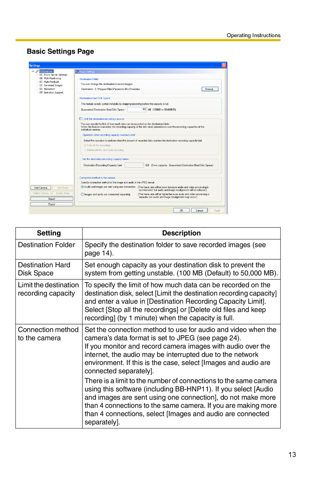 Panasonic BB-HNP15A operating instructions Basic Settings Description 