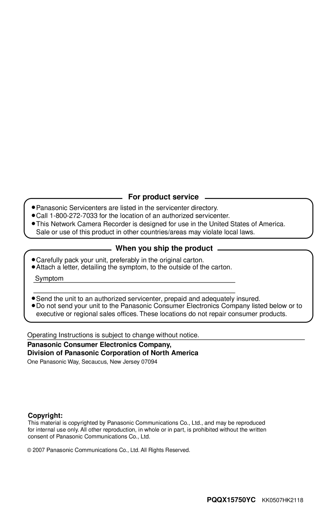 Panasonic BB-HNP15A operating instructions For product service, When you ship the product 