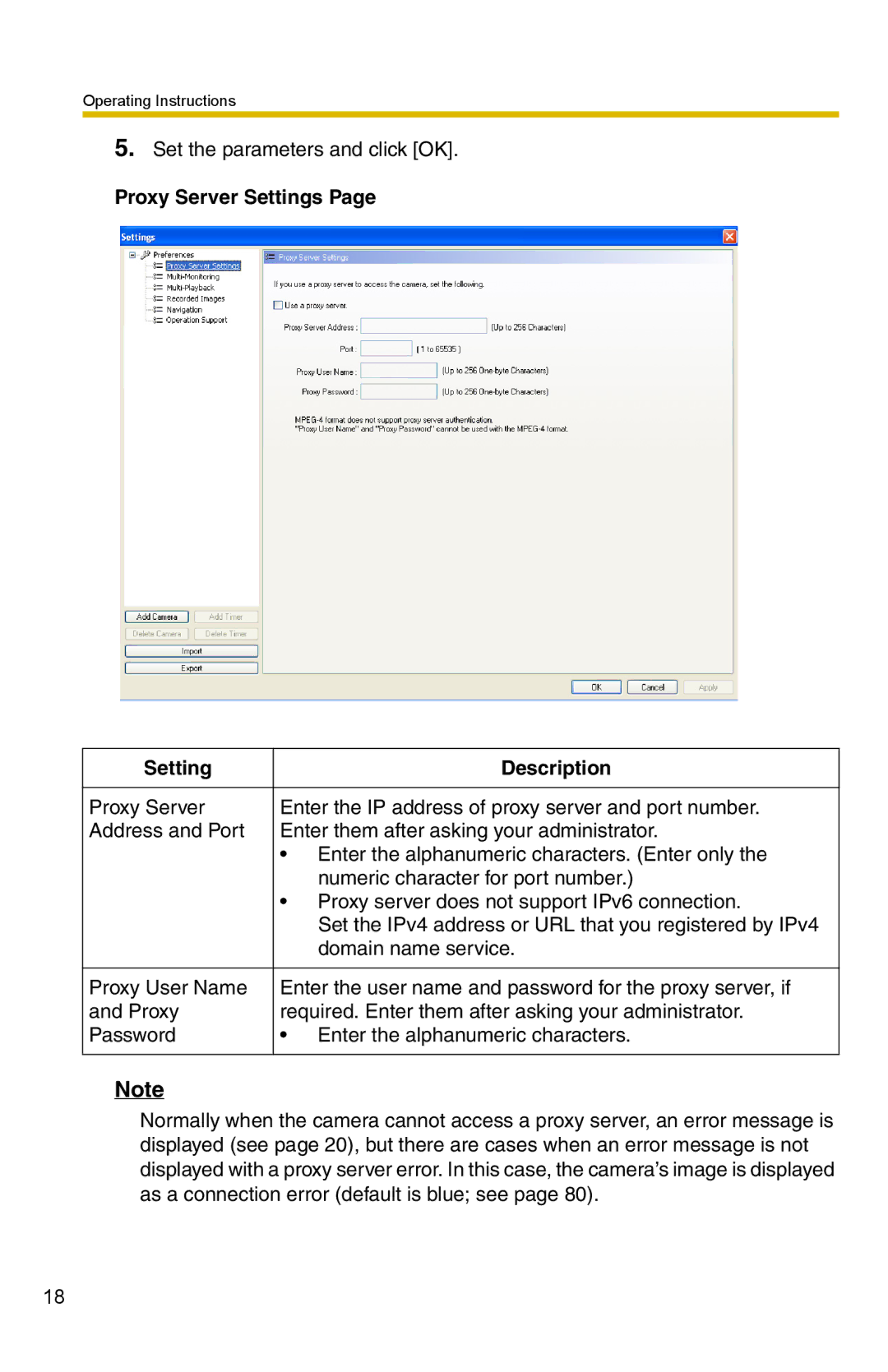 Panasonic BB-HNP15A operating instructions Proxy Server Settings Description 