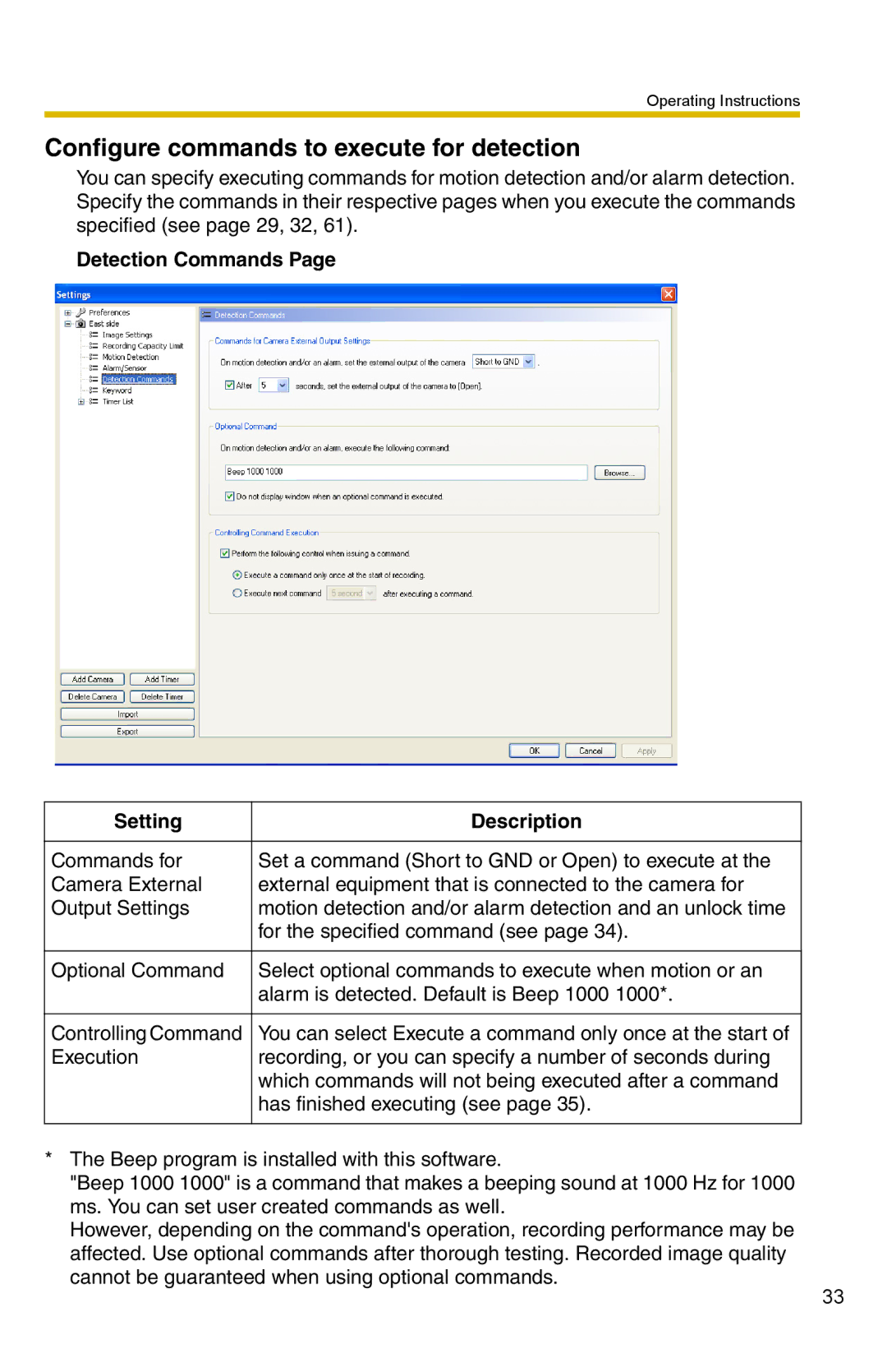 Panasonic BB-HNP15A Configure commands to execute for detection, Detection Commands Setting Description 