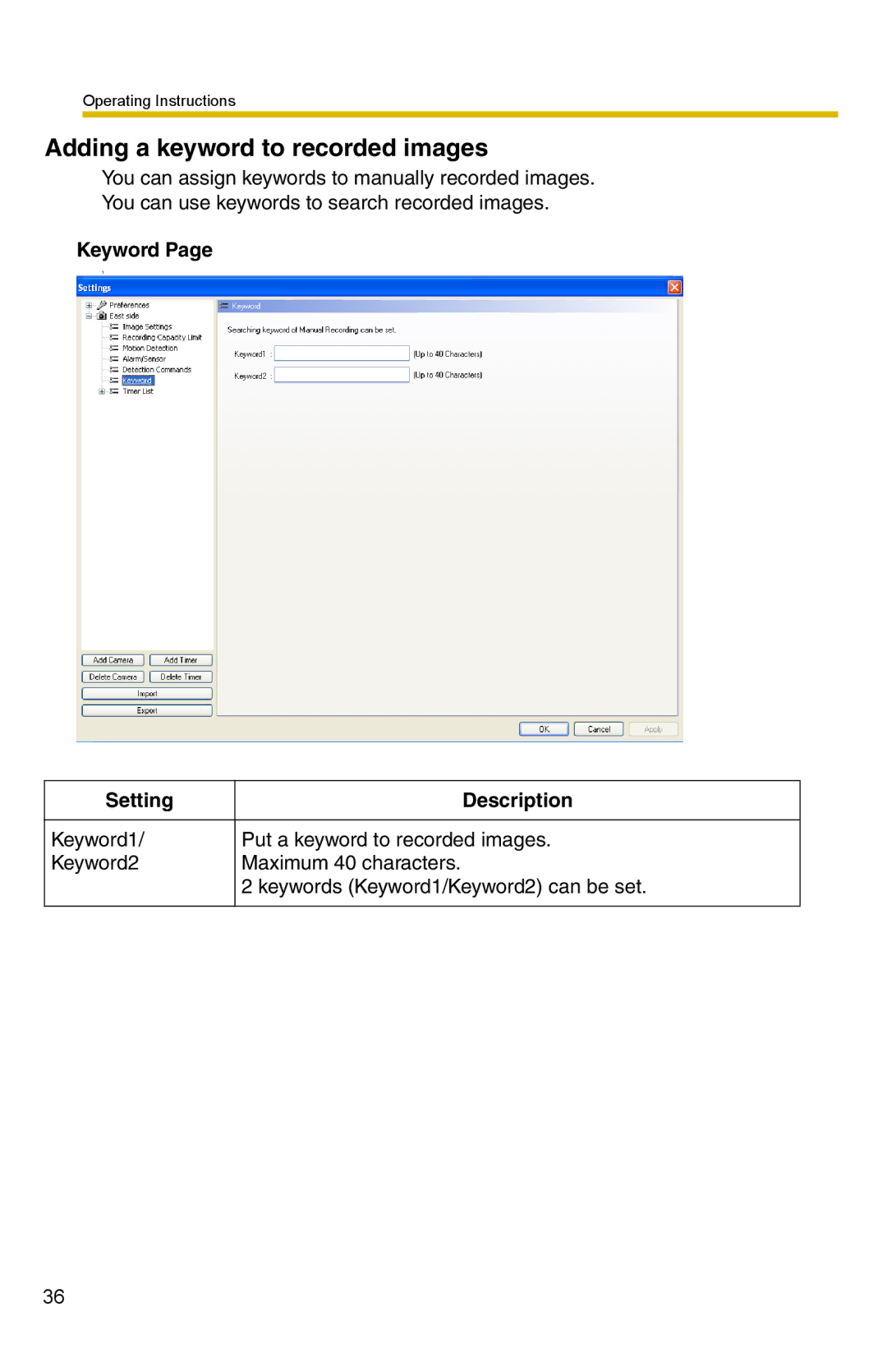 Panasonic BB-HNP15A operating instructions Adding a keyword to recorded images, Keyword Setting Description 