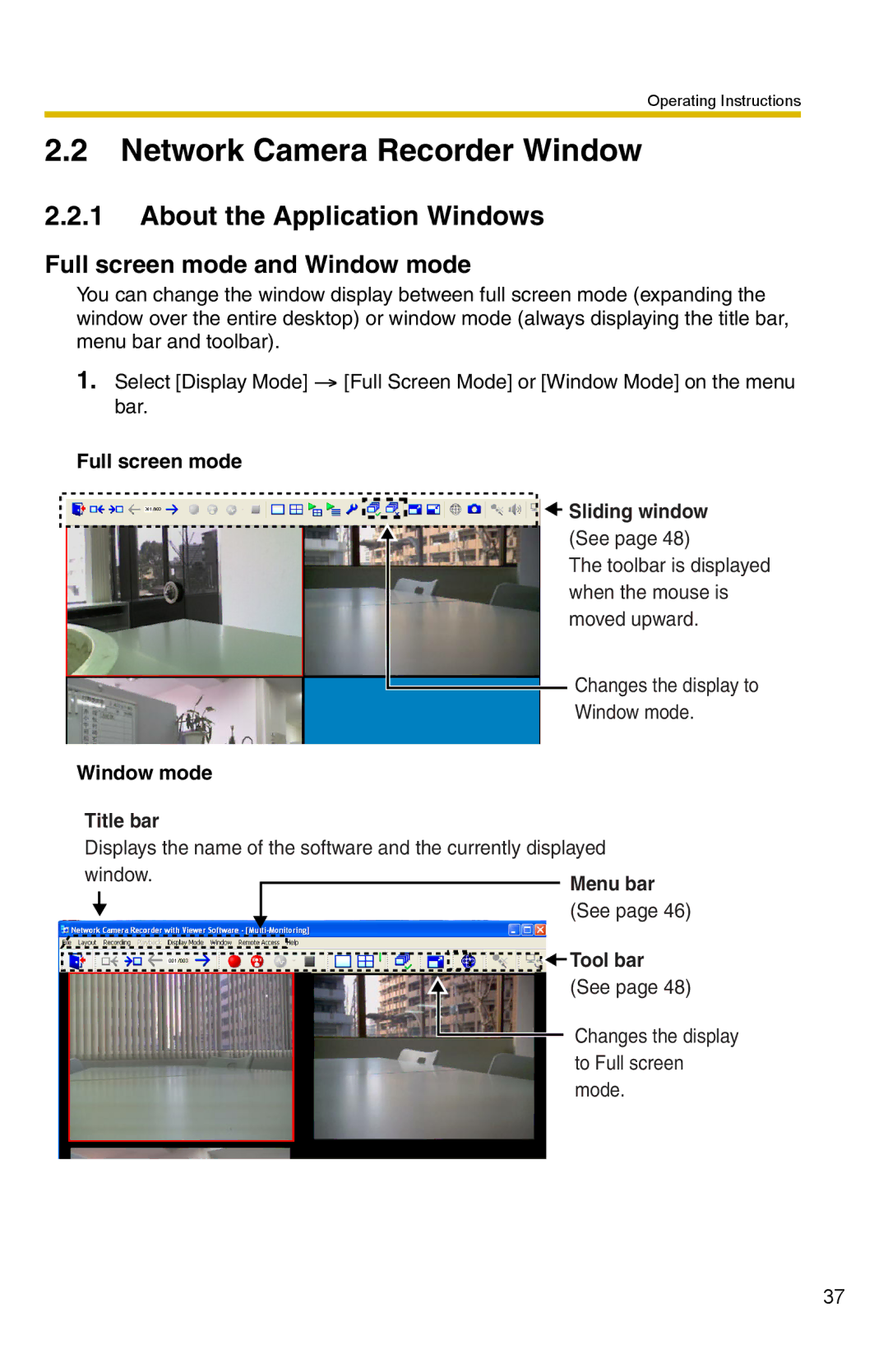 Panasonic BB-HNP15A Network Camera Recorder Window, About the Application Windows, Full screen mode and Window mode 