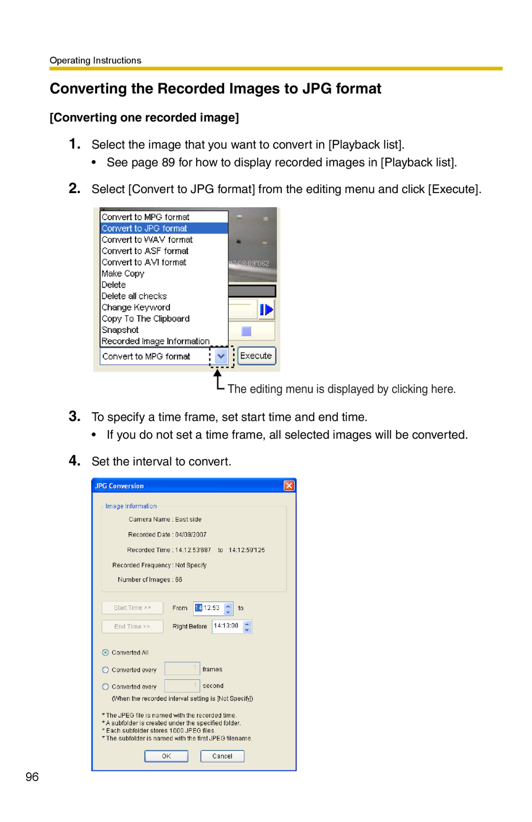 Panasonic BB-HNP15A operating instructions Converting the Recorded Images to JPG format, Converting one recorded image 