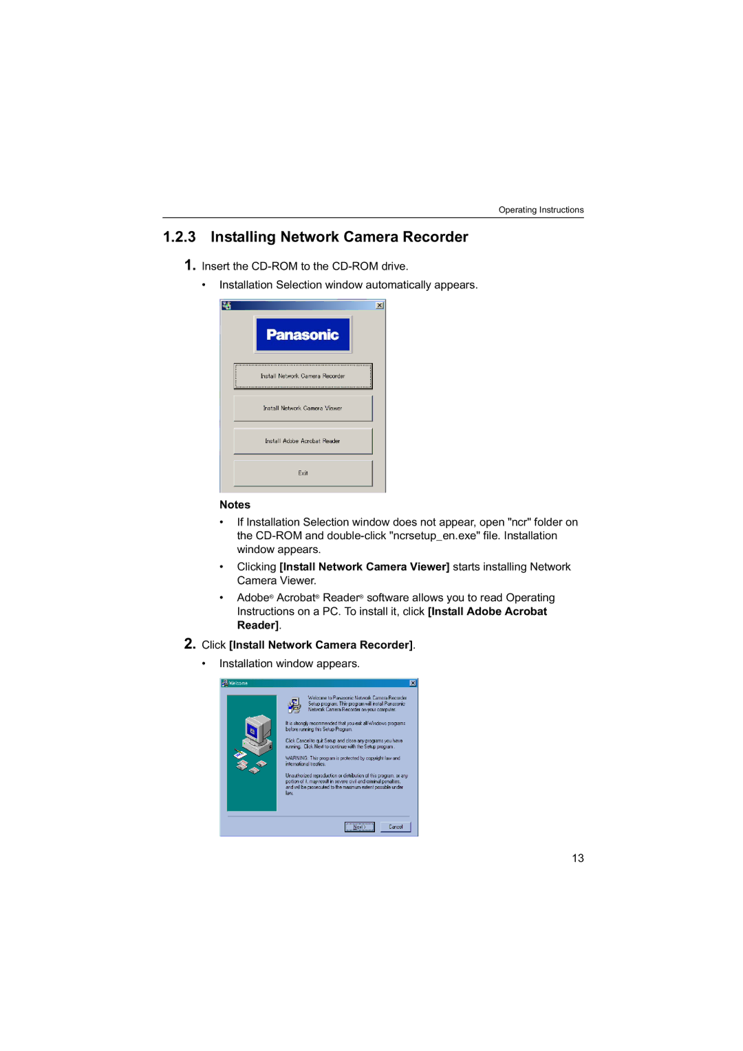 Panasonic BB-HNP60 operating instructions Installing Network Camera Recorder, Click Install Network Camera Recorder 