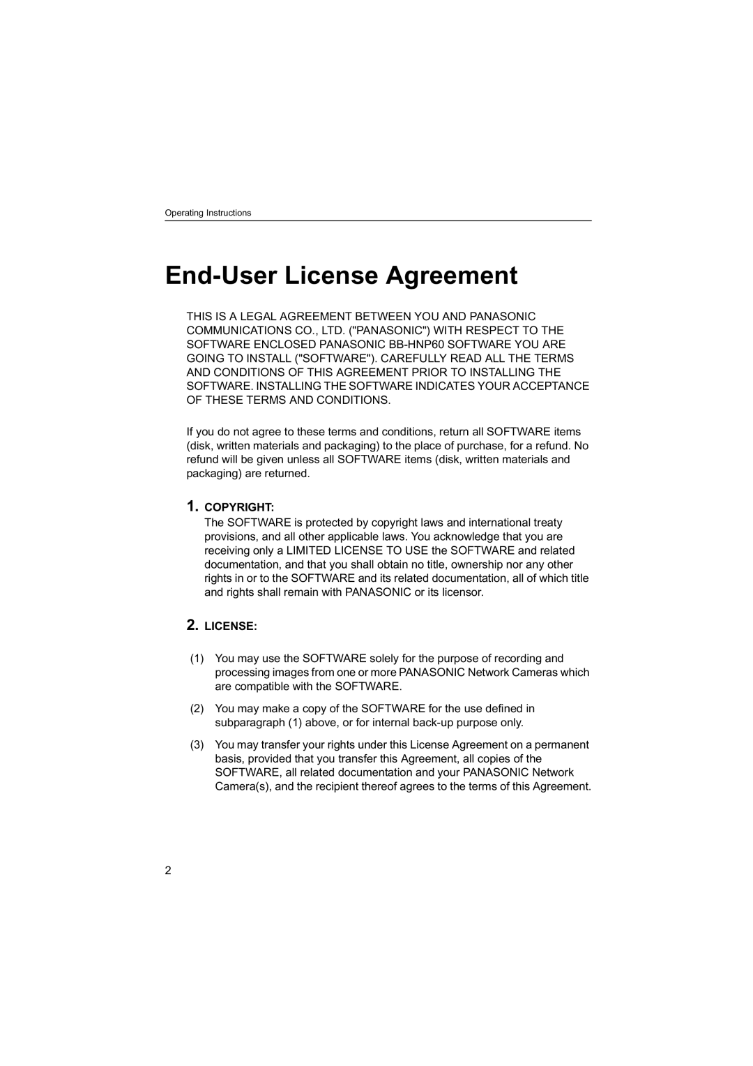 Panasonic BB-HNP60 operating instructions End-User License Agreement 